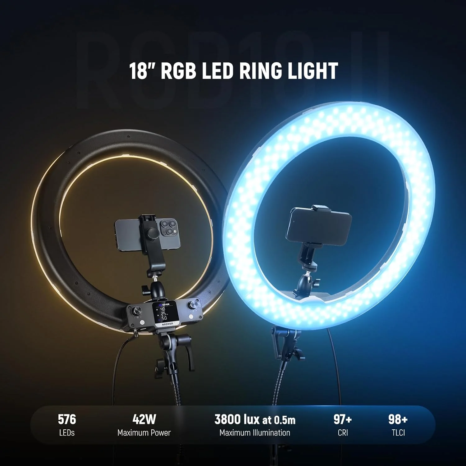 نور حلقه ای LED RGB نیور 18 اینچی با کنترل برنامه، به همراه سه پایه و پایه موبایل، 42 وات دیمر پذیر 2500K-10000K GM±50 دو رنگ CRI97+/TLCI98+ 360° تمام رنگی 18 صحنه برای عکاسی TikTok Vlog، RGB18 II نور حلقه ای LED RGB نیور 18 اینچی با کنترل برنامه، به همراه سه پایه و پایه موبایل، 42 وات دیمر پذیر 2500K-10000K GM±50 دو رنگ CRI97+/TLCI98+ 360° تمام رنگی 18 صحنه برای عکاسی TikTok Vlog، RGB18 II