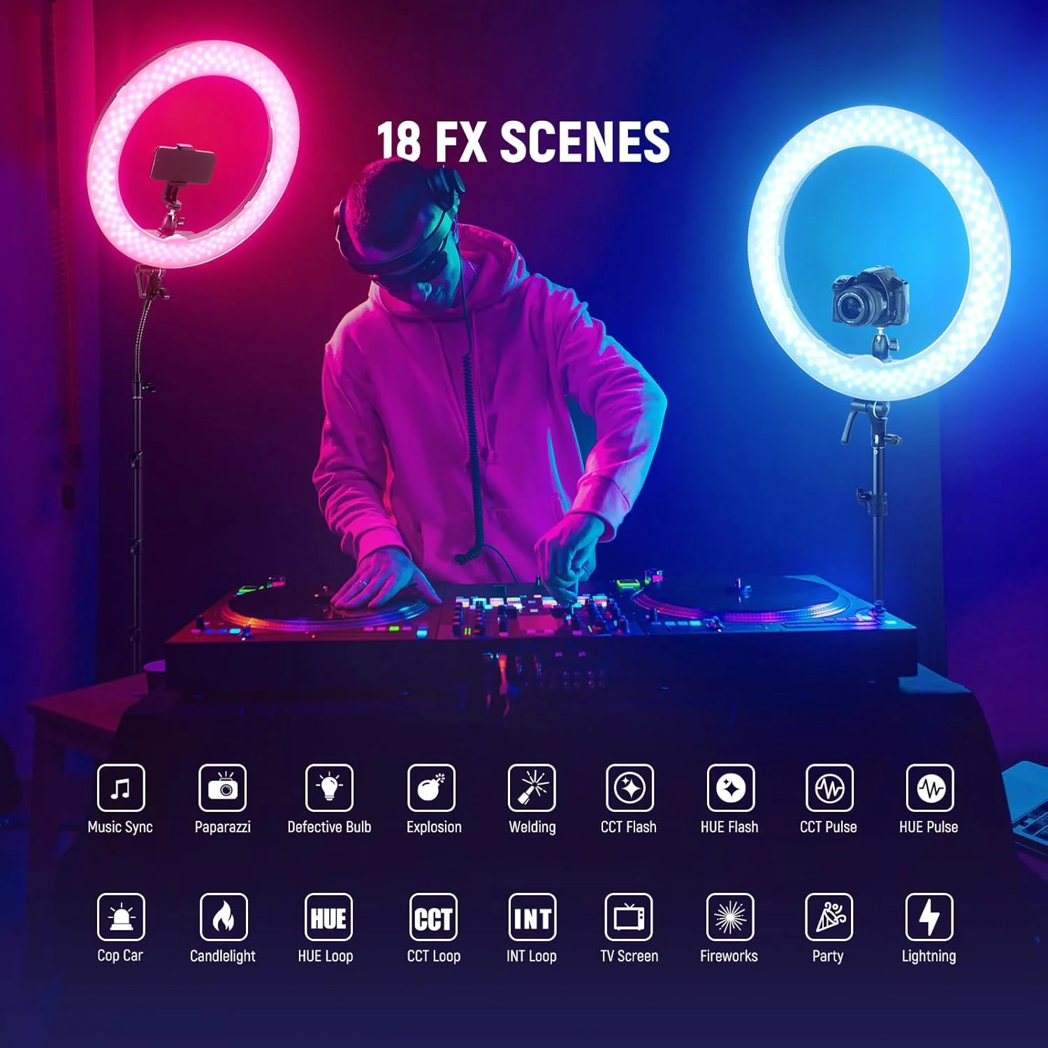 نور حلقه ای LED RGB نیور 18 اینچی با کنترل برنامه، به همراه سه پایه و پایه موبایل، 42 وات دیمر پذیر 2500K-10000K GM±50 دو رنگ CRI97+/TLCI98+ 360° تمام رنگی 18 صحنه برای عکاسی TikTok Vlog، RGB18 II نور حلقه ای LED RGB نیور 18 اینچی با کنترل برنامه، به همراه سه پایه و پایه موبایل، 42 وات دیمر پذیر 2500K-10000K GM±50 دو رنگ CRI97+/TLCI98+ 360° تمام رنگی 18 صحنه برای عکاسی TikTok Vlog، RGB18 II