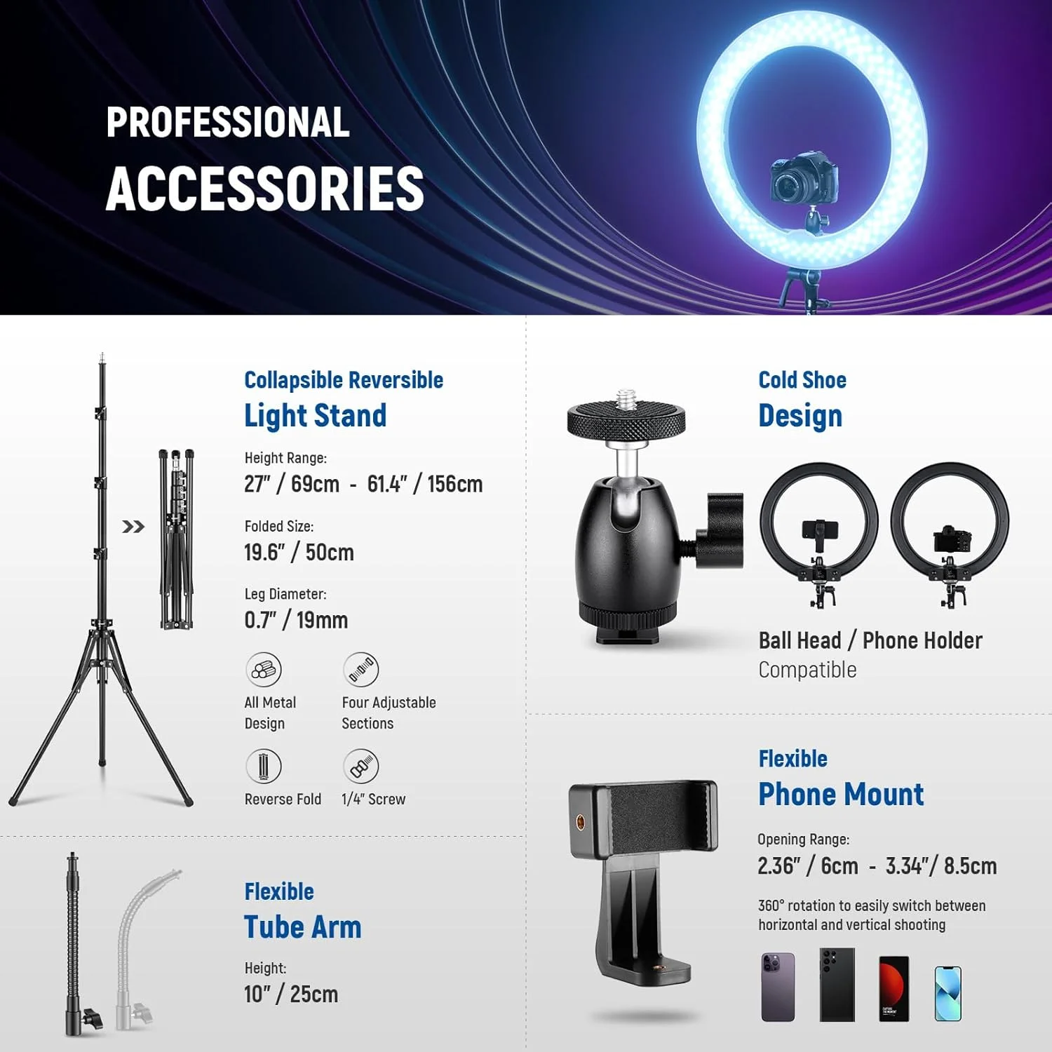 نور حلقه ای LED RGB نیور 18 اینچی با کنترل برنامه، به همراه سه پایه و پایه موبایل، 42 وات دیمر پذیر 2500K-10000K GM±50 دو رنگ CRI97+/TLCI98+ 360° تمام رنگی 18 صحنه برای عکاسی TikTok Vlog، RGB18 II نور حلقه ای LED RGB نیور 18 اینچی با کنترل برنامه، به همراه سه پایه و پایه موبایل، 42 وات دیمر پذیر 2500K-10000K GM±50 دو رنگ CRI97+/TLCI98+ 360° تمام رنگی 18 صحنه برای عکاسی TikTok Vlog، RGB18 II