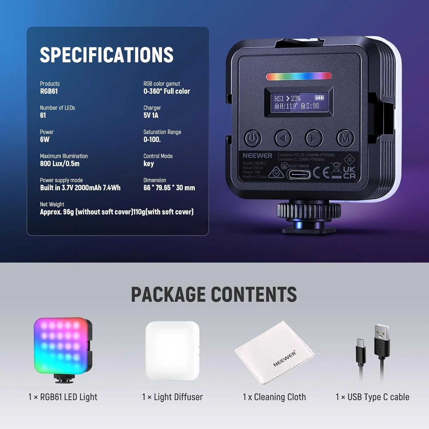 نور ویدئویی RGB مغناطیسی دوربین NEEWER، نور کامل رنگی RGB61 با زاویه 360 درجه CRI97+ 2500-8500K 2000mAh، پنل LED کوچک قابل حمل برای عکاسی و فیلمبرداری، دارای 3 کفشک سرد، 20 صحنه و پارچه تمیز کننده نور ویدئویی RGB مغناطیسی دوربین NEEWER، نور کامل رنگی RGB61 با زاویه 360 درجه CRI97+ 2500-8500K 2000mAh، پنل LED کوچک قابل حمل برای عکاسی و فیلمبرداری، دارای 3 کفشک سرد، 20 صحنه و پارچه تمیز کننده