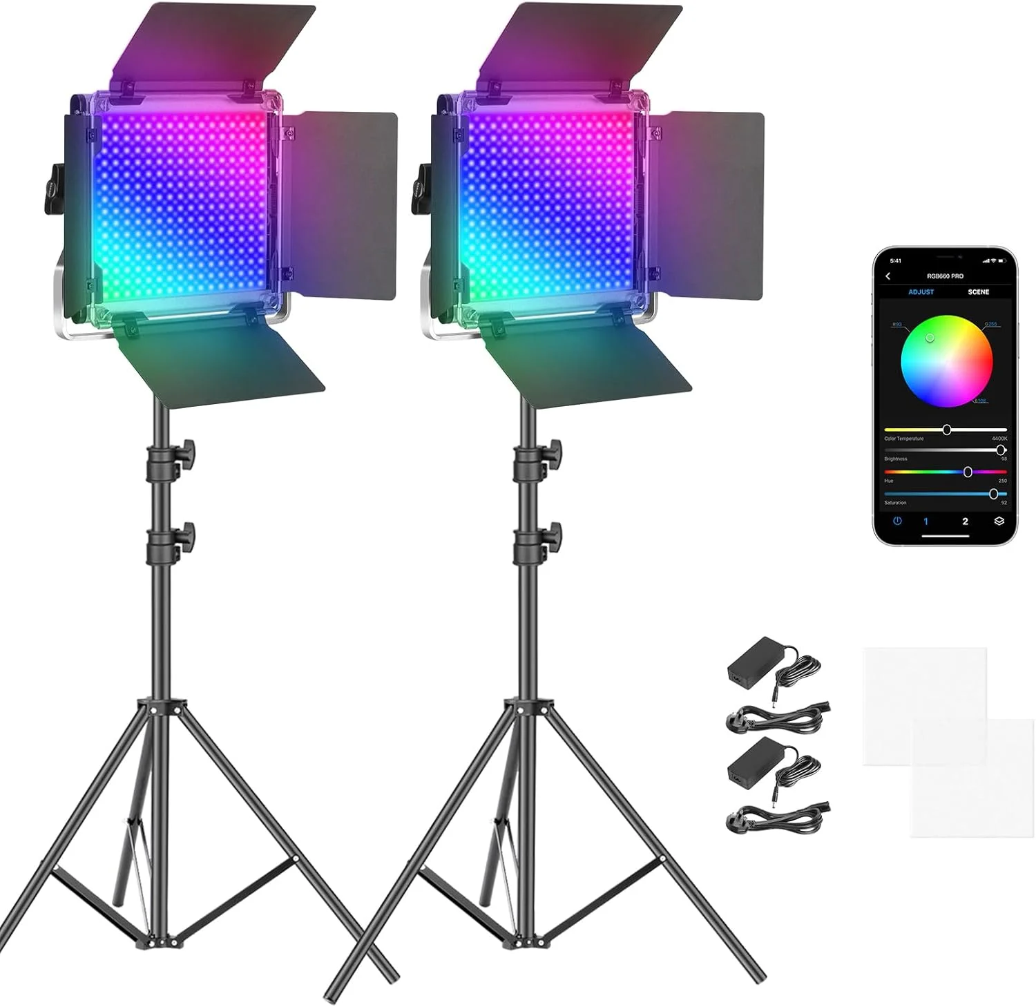 کیت نور ویدئویی LED RGB مدل Neewer 660 PRO با قابلیت کنترل از طریق اپلیکیشن، 360 درجه تمام رنگی، 50 وات دیمر پذیر دو رنگ 3200K~5600K، CRI 97+ برای بازی/استریمینگ/زوم/یوتیوب/وبکس/عکاسی (دو عدد)