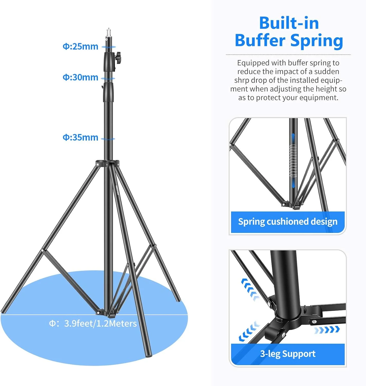 پایه نور سنگین نیور 3 متری با فنرهای قابل تنظیم، سه پایه فلزی با بالشتک فنری برای استودیو عکس، سافت باکس، فلاش مونولایت، رینگ لایت و سایر تجهیزات عکاسی (مشکی) پایه نور سنگین نیور 3 متری با فنرهای قابل تنظیم، سه پایه فلزی با بالشتک فنری برای استودیو عکس، سافت باکس، فلاش مونولایت، رینگ لایت و سایر تجهیزات عکاسی (مشکی)