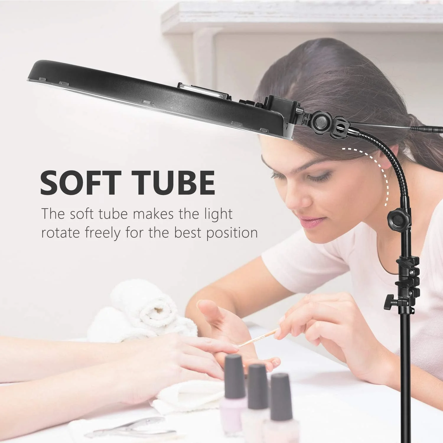 نور حلقه ای LED نیور با قطر بیرونی 18 اینچ، دارای دو هات شو بالا/پایین، آینه، نگهدارنده تلفن هوشمند، پایه نور، لوله نرم، فیلتر رنگی برای آرایش، زیبایی صورت، پرتره و فیلمبرداری (دوشاخه آمریکایی)