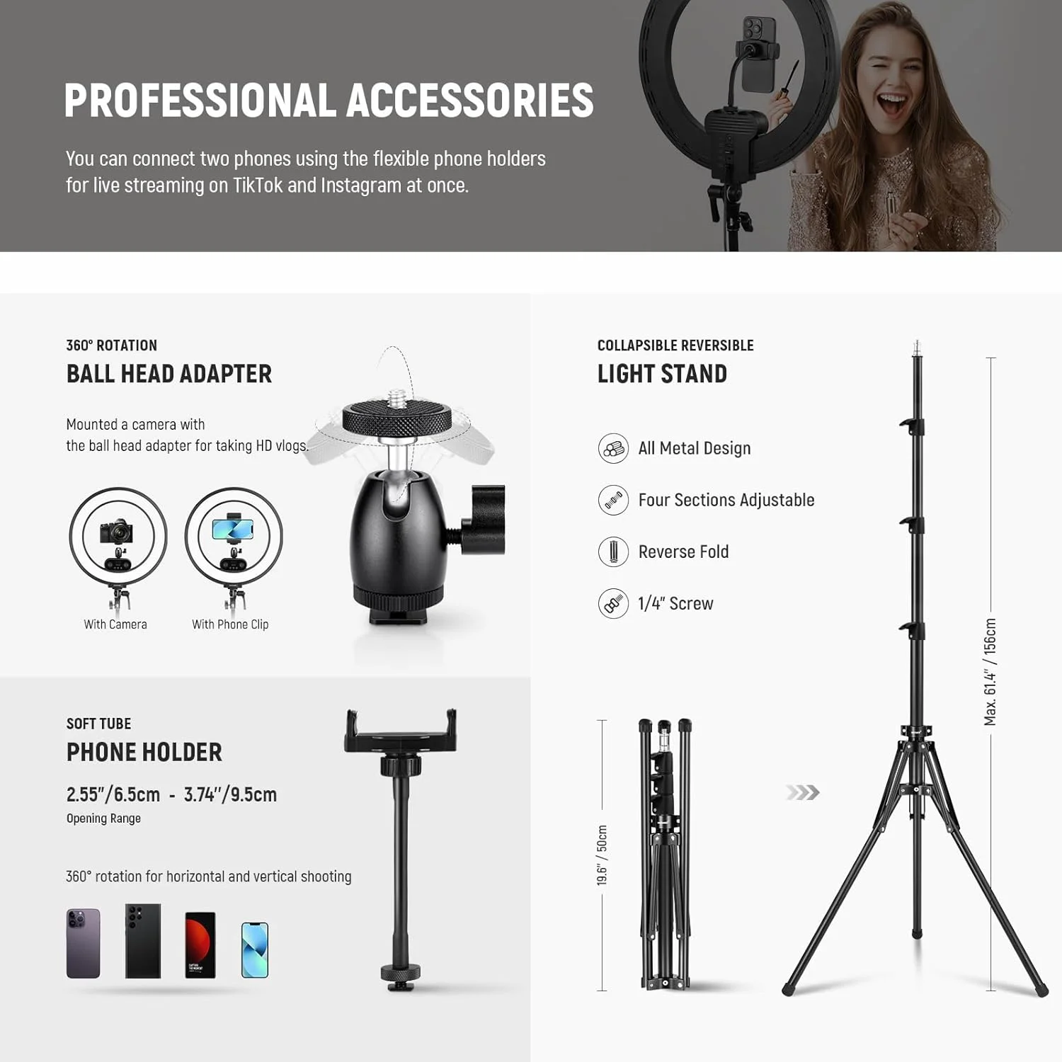 کیت نور حلقه ای 18 اینچی NEEWER با نورپردازی لبه ای 45 وات 3300 لوکس 2900K-7000K 12 صحنه با برنامه APP کنترل 2.4G PC Mac کنترل از راه دور مغناطیسی پایه جداشدنی کیف برای TikTok Stream، RL45B