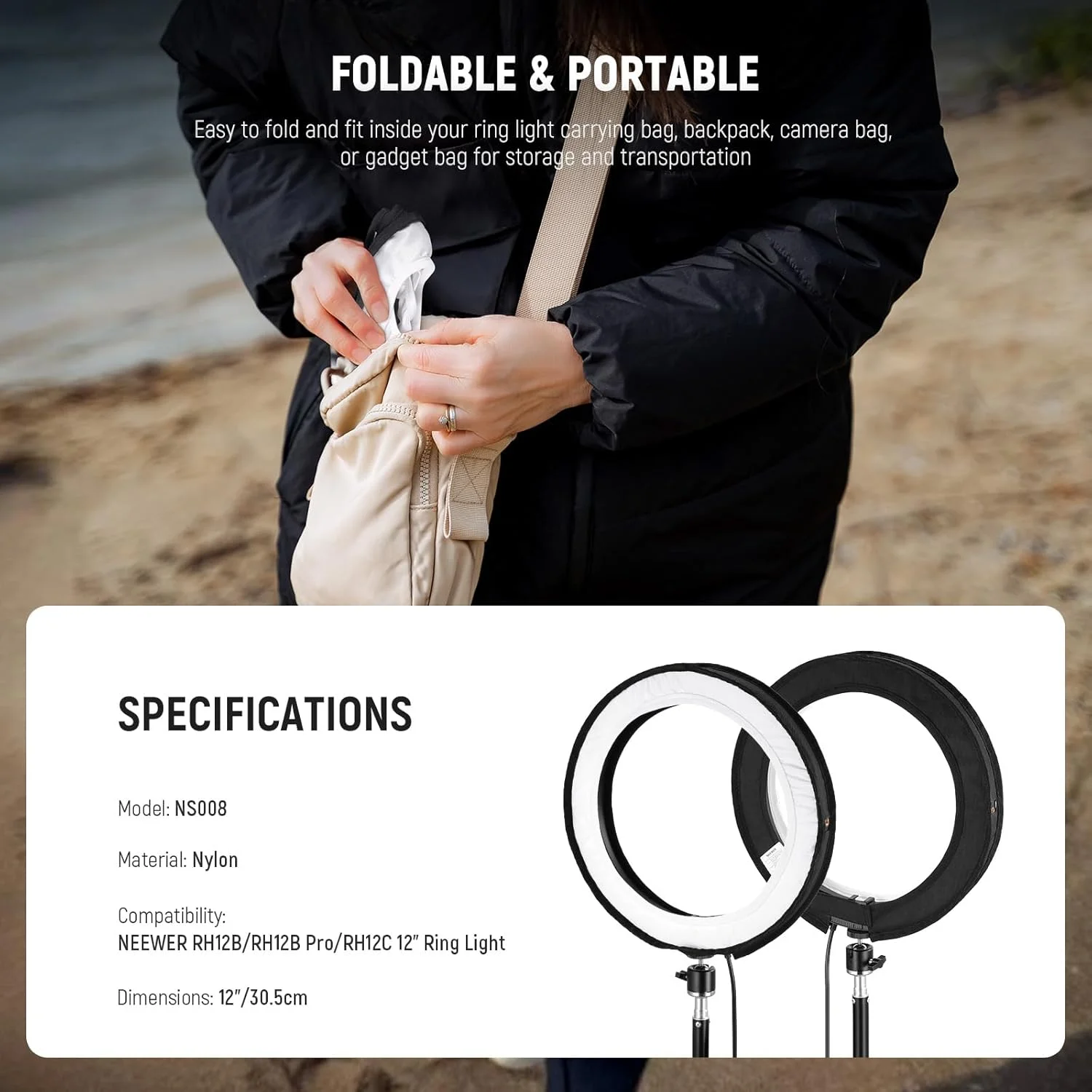 دیفیوزر رینگ لایت 12 اینچی NEEWER NS008 برای RH12B RH12C، سفید، USB، نور مداوم دوربین دیفیوزر رینگ لایت 12 اینچی NEEWER NS008 برای RH12B RH12C، سفید، USB، نور مداوم دوربین