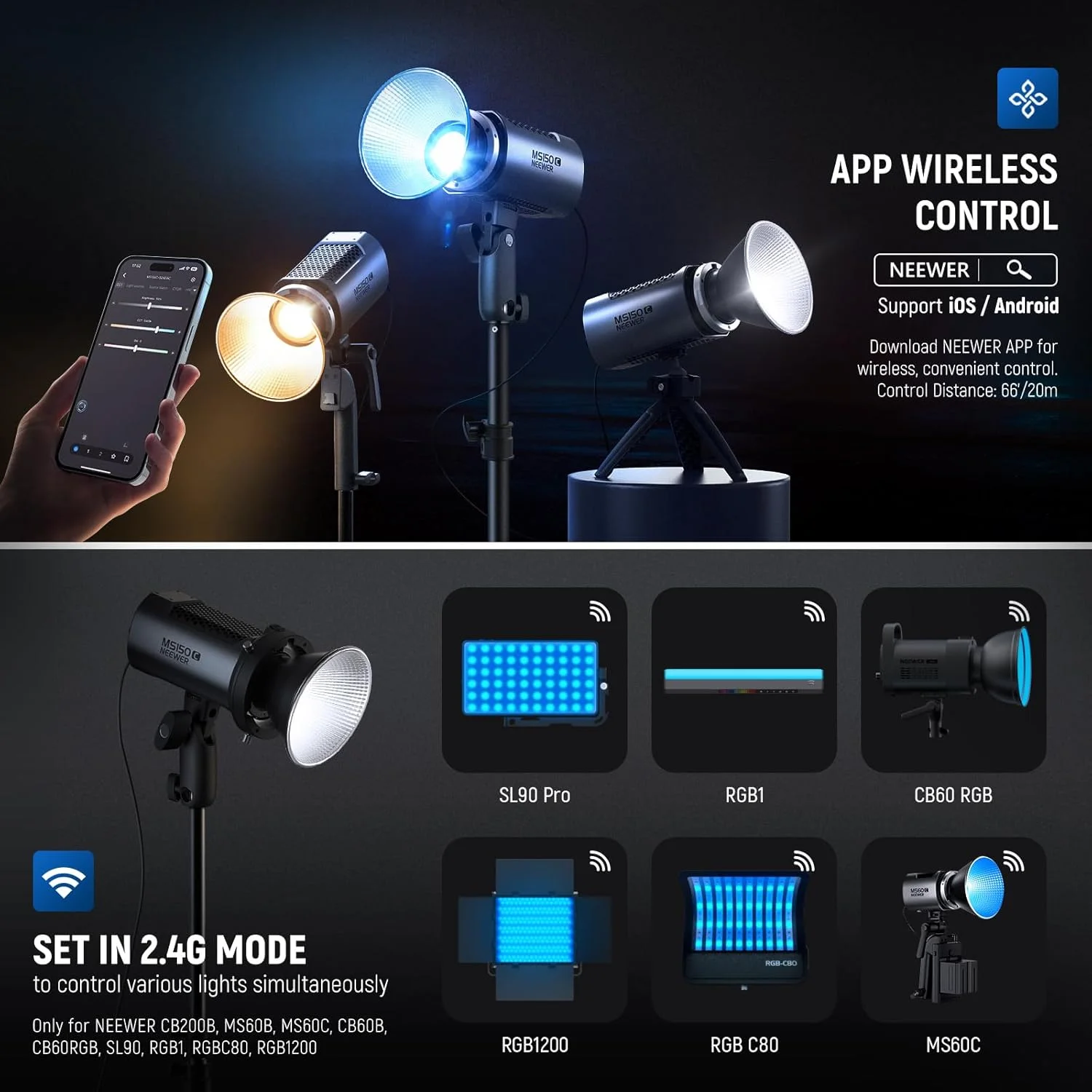 نور ویدئویی ال ای دی RGBWW مدل NEEWER MS150C با کنترل 2.4G/APP، نورپردازی خروجی مداوم RGB COB مینی فلزی 150 واتی با مانت بوئنز، نورافکن دستی 2700K-6500K، 16600lux/1m، CRI97+/TLCI98+، 17 افکت، RGBCW نور ویدئویی ال ای دی RGBWW مدل NEEWER MS150C با کنترل 2.4G/APP، نورپردازی خروجی مداوم RGB COB مینی فلزی 150 واتی با مانت بوئنز، نورافکن دستی 2700K-6500K، 16600lux/1m، CRI97+/TLCI98+، 17 افکت، RGBCW