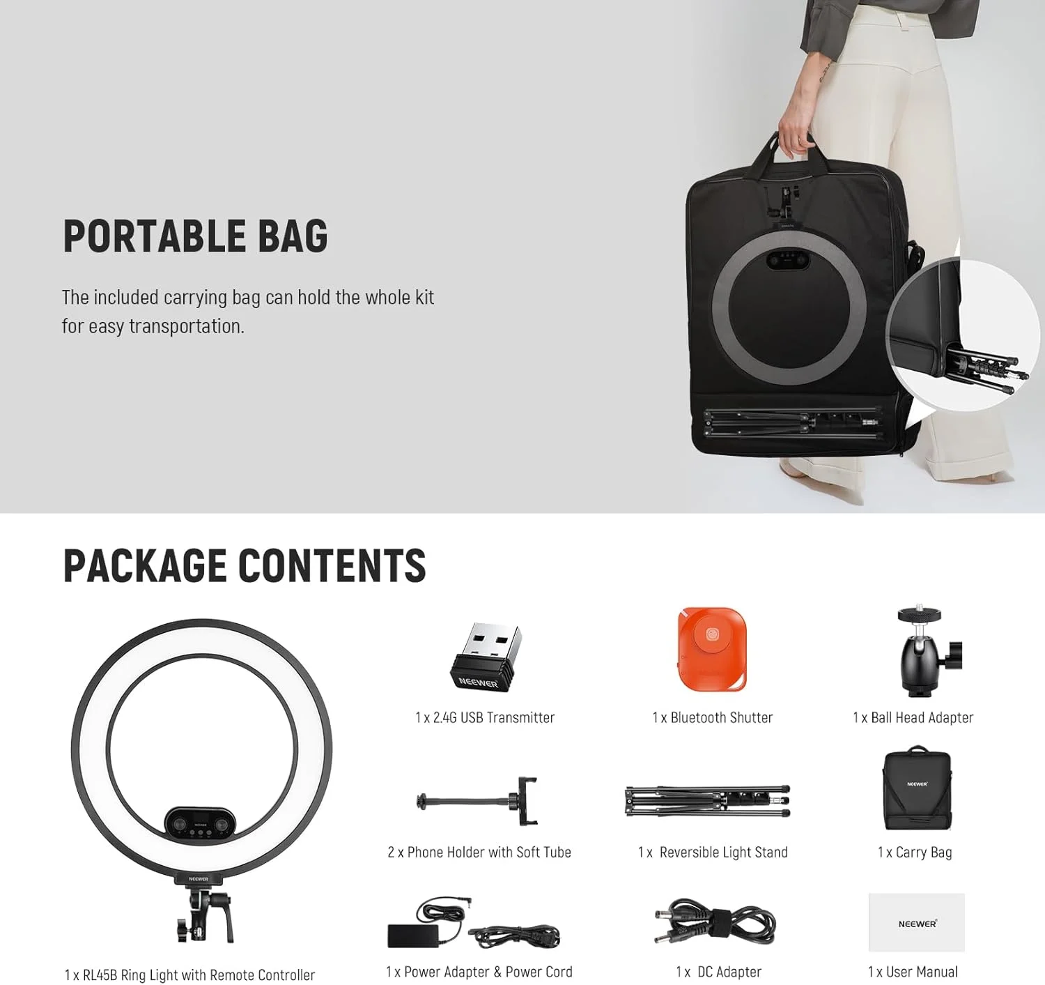 کیت نور حلقه ای 18 اینچی NEEWER با نورپردازی لبه ای 45 وات 3300 لوکس 2900K-7000K 12 صحنه با برنامه APP کنترل 2.4G PC Mac کنترل از راه دور مغناطیسی پایه جداشدنی کیف برای TikTok Stream، RL45B