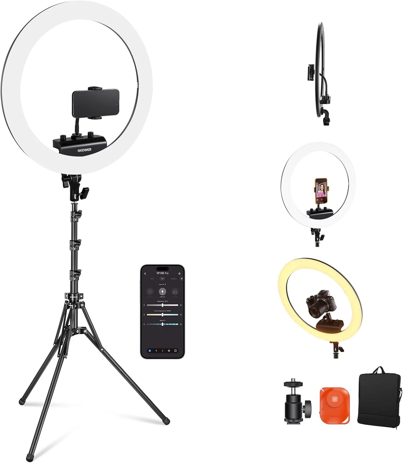 نور حلقه ای 18 اینچی حرفه ای NEEWER با پایه نگهدارنده گوشی سازگار با آیفون، کنترل از راه دور 45 واتی با اپلیکیشن، ضبط ویدیو، آرایش، استودیوی سلفی، استریم فیلمبرداری، RP18B Pro مشکی