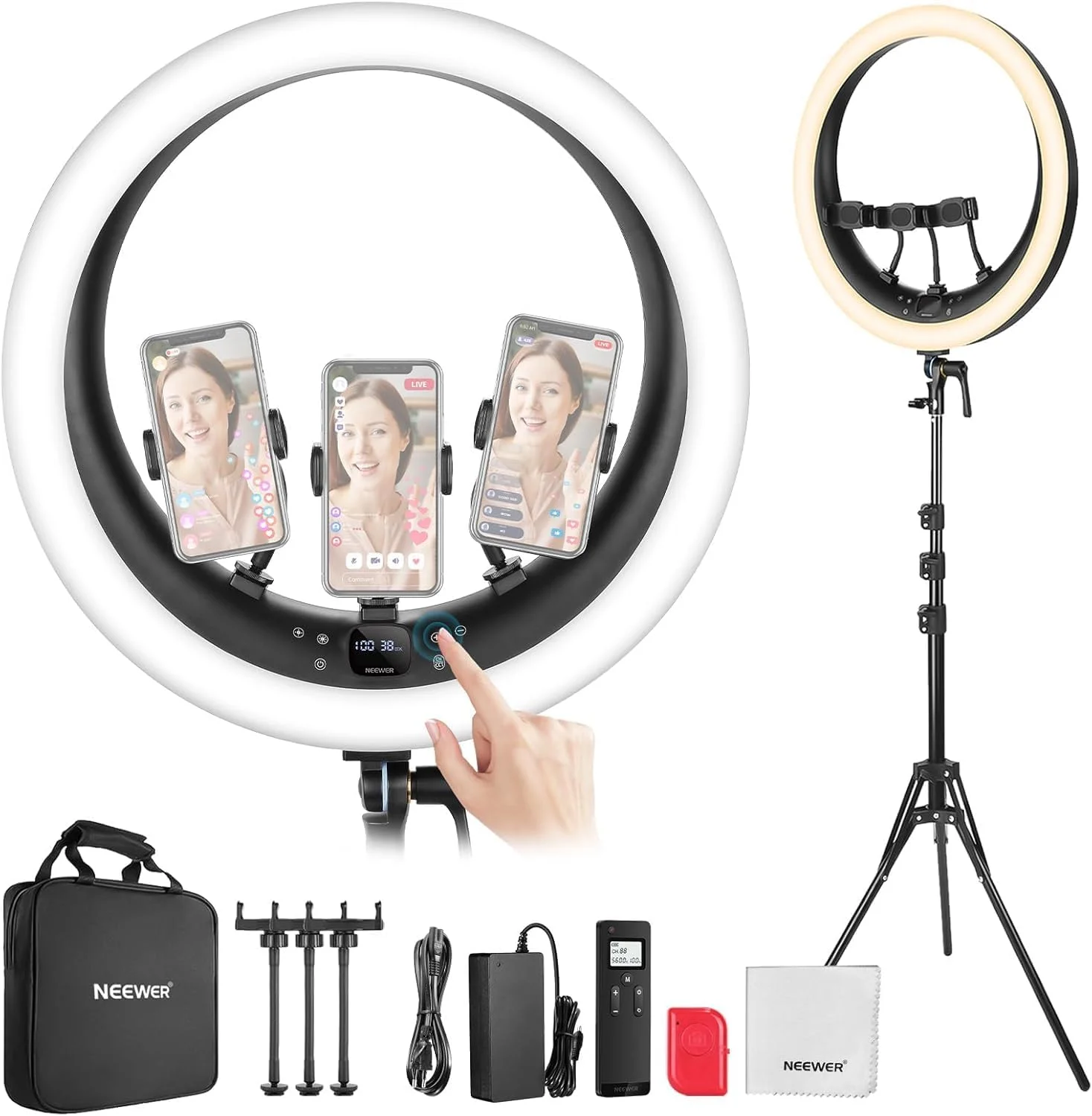 نور حلقه ای 19 اینچی NEEWER RP19H با سه پایه / 3 نگهدارنده تلفن / پارچه تمیز کننده سازگار با آیفون، کنترل لمسی 2.4G، نور حلقه ای LED برای استودیو ویدئویی، پخش زنده، زوم، سلفی، نورپردازی آرایش