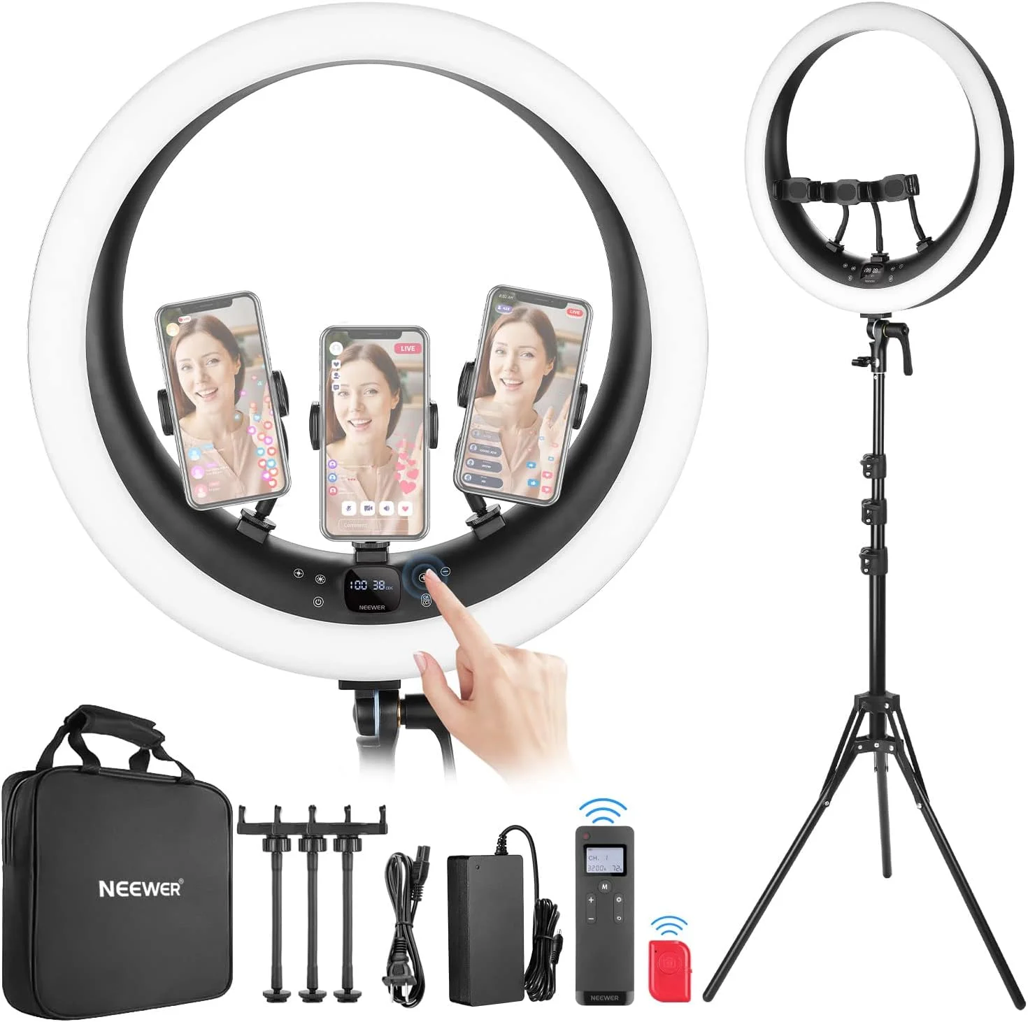 رینگ لایت 19 اینچی NEEWER مدل RP19H با پایه سه پایه و 3 نگهدارنده تلفن سازگار با آیفون، رینگ لایت کنترل لمسی 2.4G ارتقا یافته برای ضبط ویدیو، استریمینگ، دفتر کار خانگی، زوم، سلفی، نورپردازی آرایش