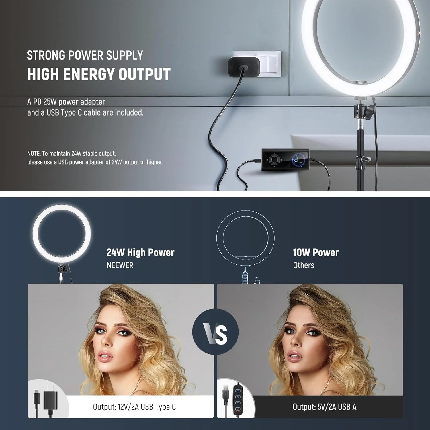 نور حلقه ای LED پرقدرت 12 اینچی نیور 24 واتی با ورودی USB Type C PD با دمای رنگ 2900K-7000K و CRI97+ 1810lux / 0.5m و 12 حالت نوری برای آرایش و تولید محتوای زنده نور حلقه ای LED پرقدرت 12 اینچی نیور 24 واتی با ورودی USB Type C PD با دمای رنگ 2900K-7000K و CRI97+ 1810lux / 0.5m و 12 حالت نوری برای آرایش و تولید محتوای زنده