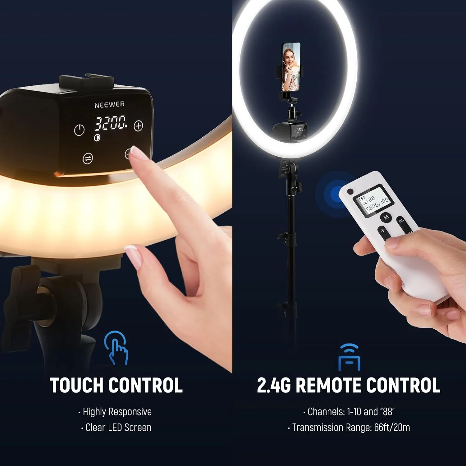 حلقه نور LED نیور با سه پایه پیشرفته، حلقه نور بزرگ 48 سانتی متری با پایه، کنترل لمسی دستی با صفحه نمایش LCD، کنترل از راه دور 2.4G، نور حلقه ای چندگانه 3200-5600K برای دوربین موبایل (مشکی) حلقه نور LED نیور با سه پایه پیشرفته، حلقه نور بزرگ 48 سانتی متری با پایه، کنترل لمسی دستی با صفحه نمایش LCD، کنترل از راه دور 2.4G، نور حلقه ای چندگانه 3200-5600K برای دوربین موبایل (مشکی)