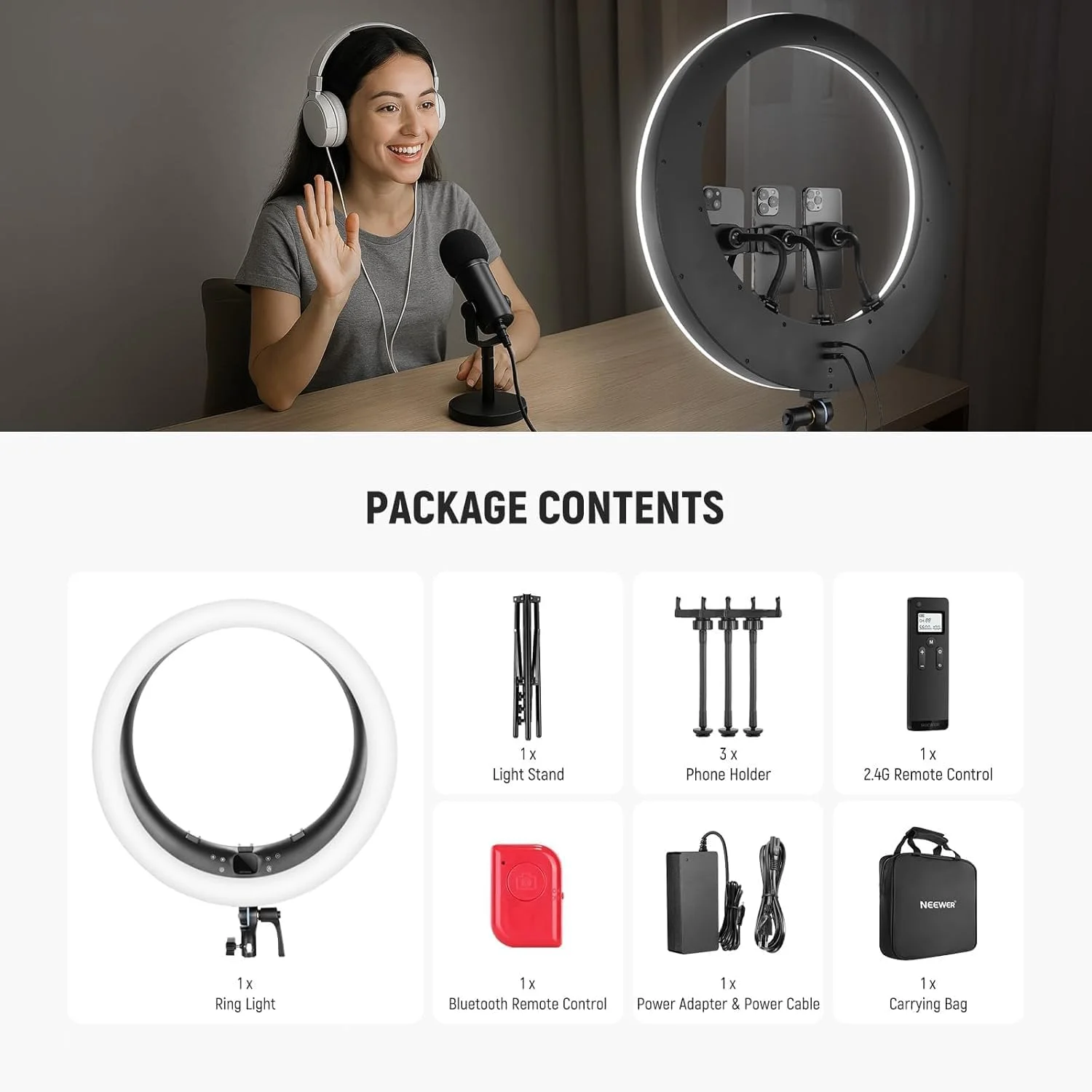 نور حلقه ای 19 اینچی NEEWER RP19H با سه پایه / 3 نگهدارنده تلفن / پارچه تمیز کننده سازگار با آیفون، کنترل لمسی 2.4G، نور حلقه ای LED برای استودیو ویدئویی، پخش زنده، زوم، سلفی، نورپردازی آرایش نور حلقه ای 19 اینچی NEEWER RP19H با سه پایه / 3 نگهدارنده تلفن / پارچه تمیز کننده سازگار با آیفون، کنترل لمسی 2.4G، نور حلقه ای LED برای استودیو ویدئویی، پخش زنده، زوم، سلفی، نورپردازی آرایش