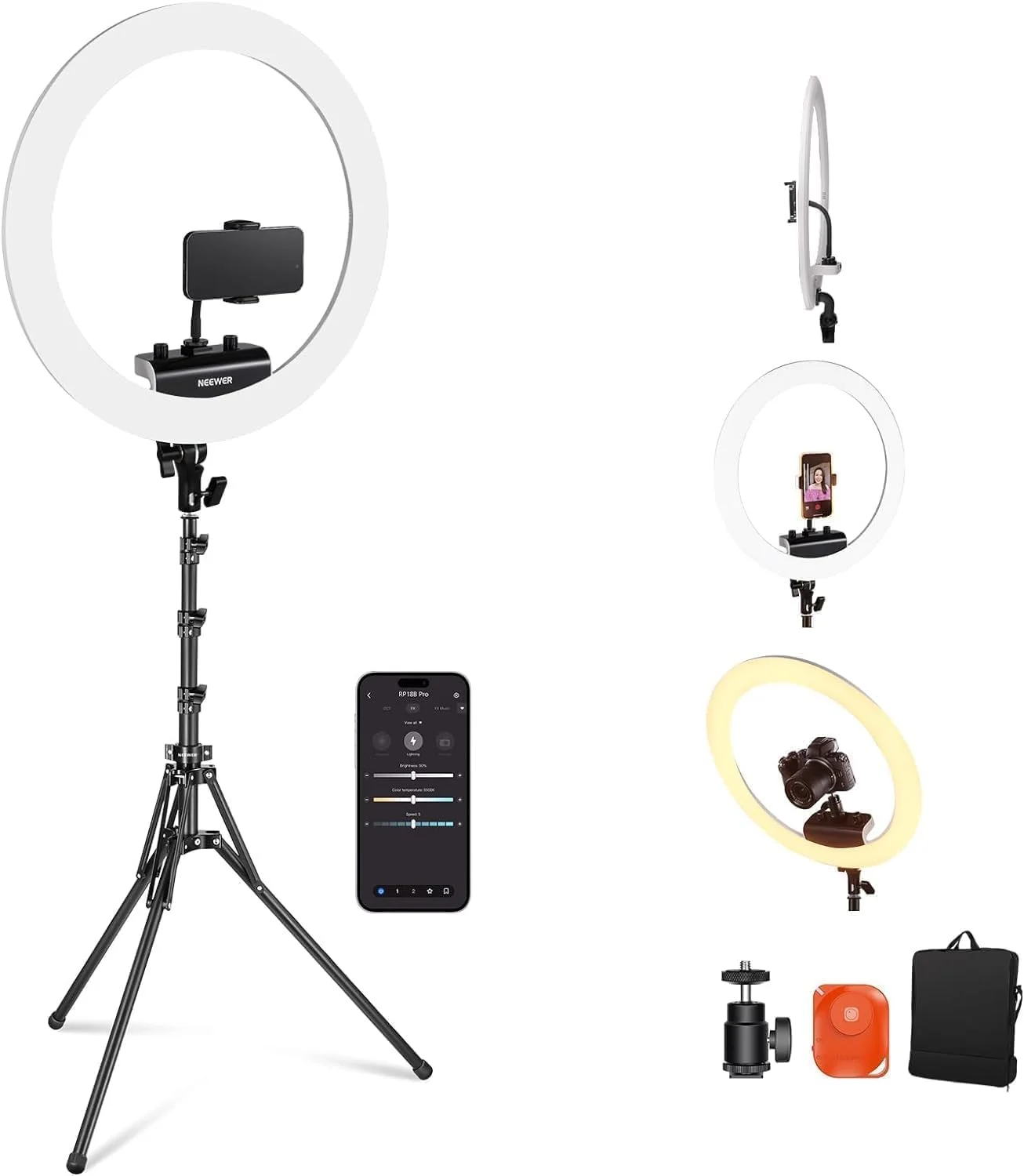 نور حلقه ای حرفه ای NEEWER با پایه و نگهدارنده تلفن، 18 اینچ فوق العاده نازک، 45 وات 2900K-7000K TLCI98، شاتر از راه دور و کنترل برنامه، نورپردازی نرم تر برای آرایش، پخش زنده TikTok، RP18B Pro سفید