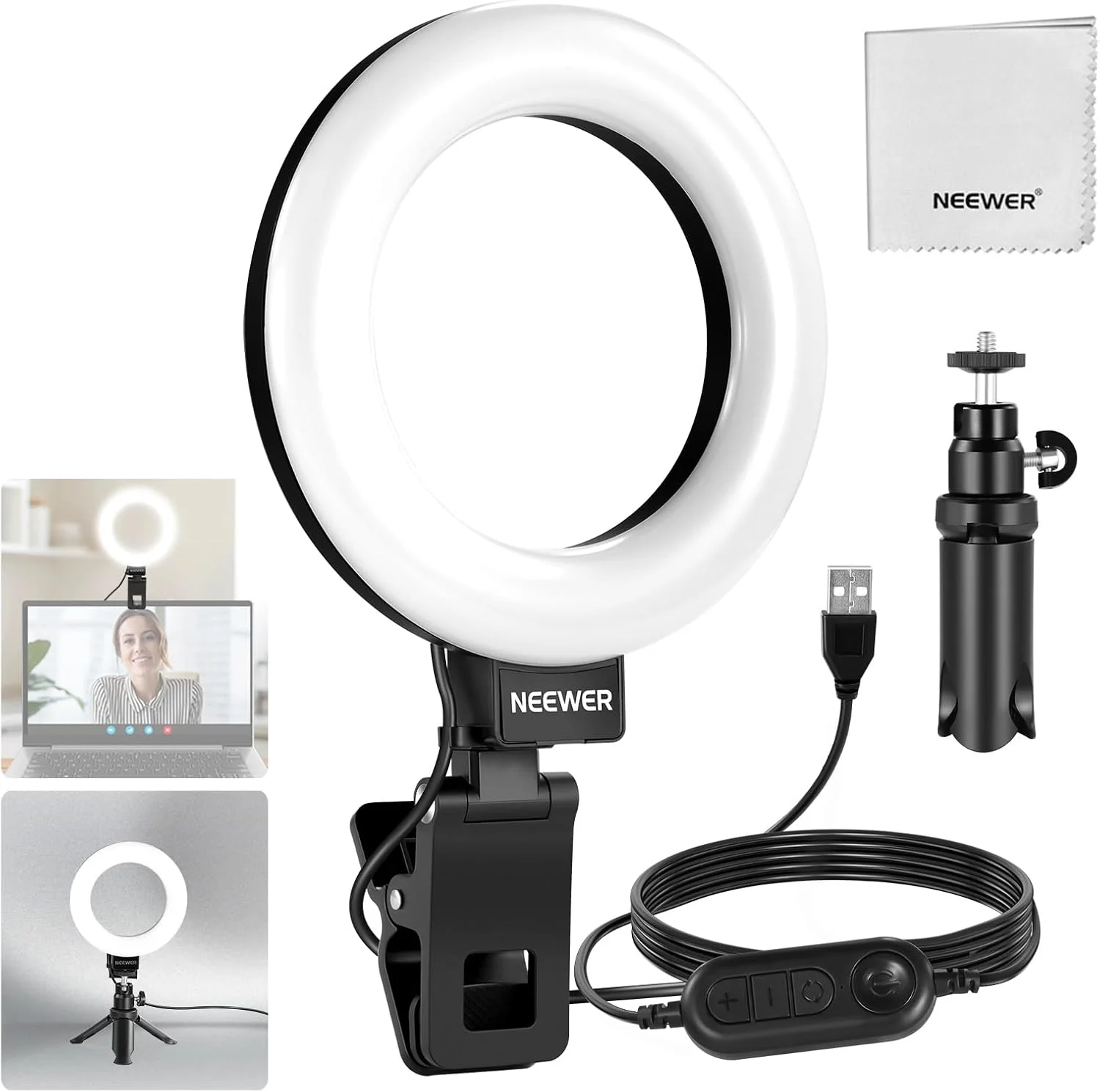 نور حلقه ای 5 اینچی NEEWER Basics BR60 با پایه سه پایه کوچک برای نور کنفرانس ویدیویی رومیزی، گیره برای مجموعه استریم مانیتور، وب کم لپ تاپ کامپیوتر آرایش سلفی ضبط ویدیو، پارچه تمیز کننده