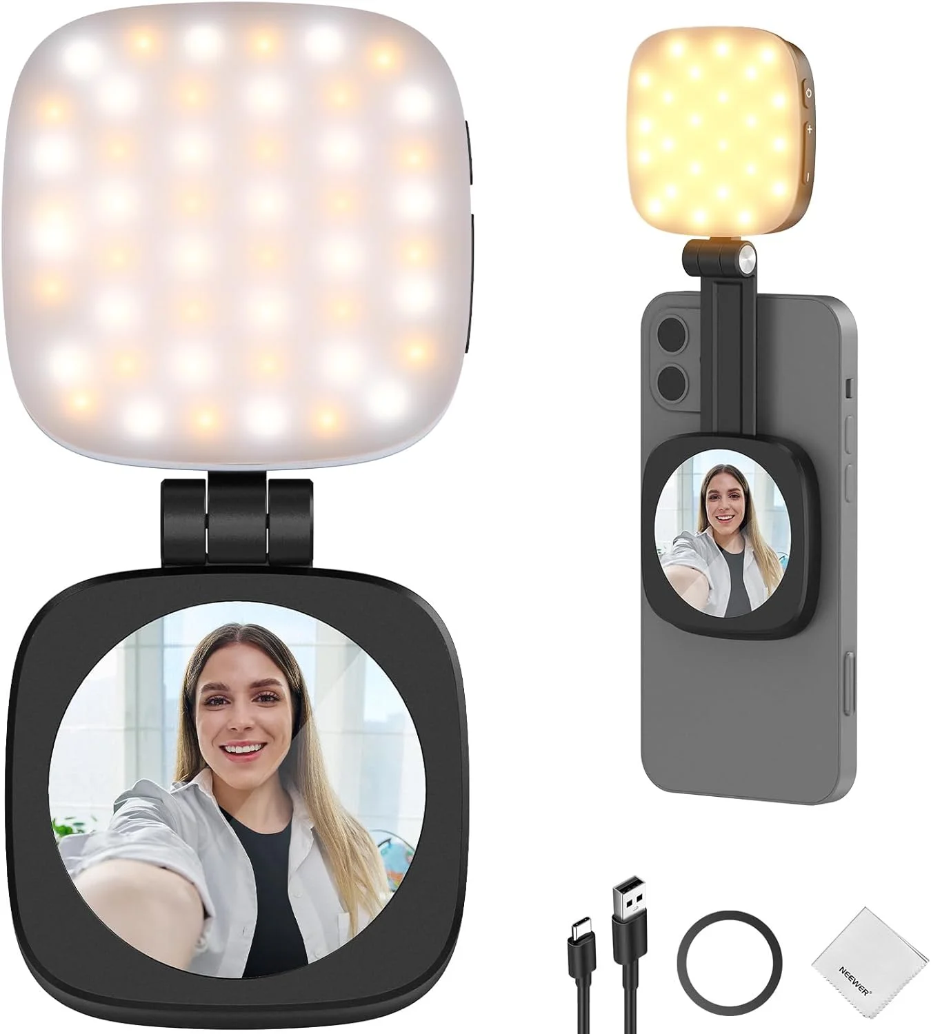نور سلفی مغناطیسی NEEWER BASICS سازگار با MagSafe iPhone، نور حلقه ای کوچک LED رومیزی با آینه/پارچه تمیز کننده برای بزرگنمایی آرایش ضبط کنفرانس ویدیویی، مشکی NL48B