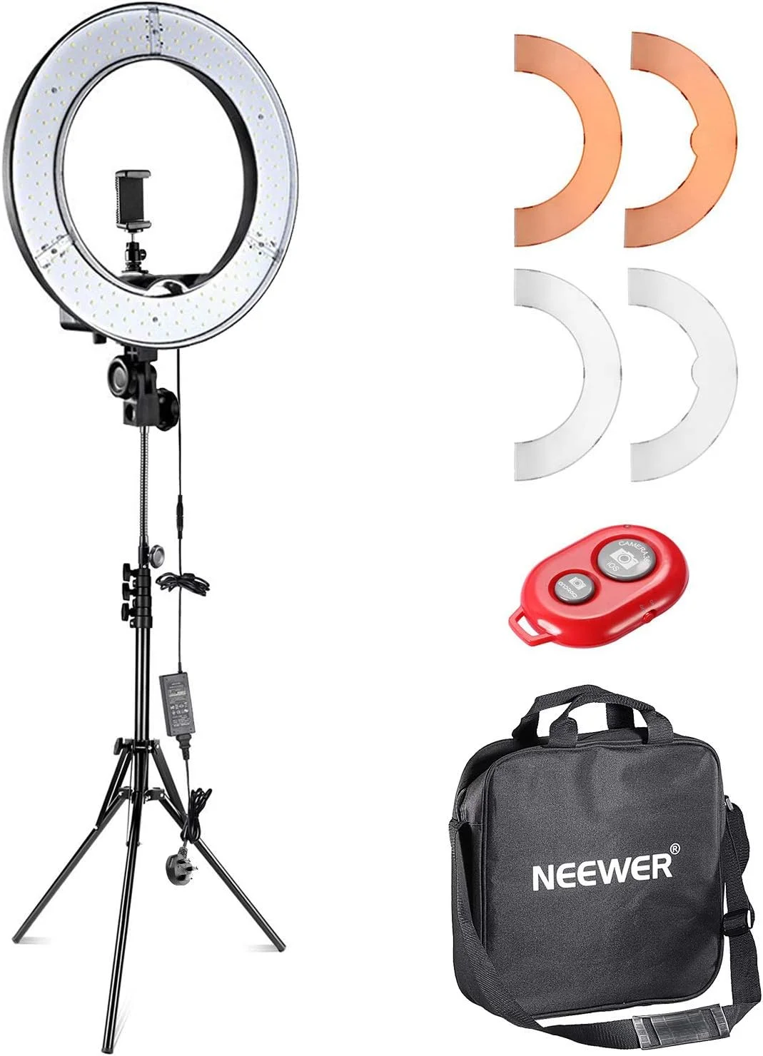 کیت نور حلقه ای LED نئور 12 اینچی داخلی/14 اینچی خارجی و پایه نور 36 وات 5500K با لوله نرم، فیلتر رنگی، آداپتور کفشک دار، گیرنده بلوتوث برای فیلمبرداری دوربین، یوتیوب، تیک تاک