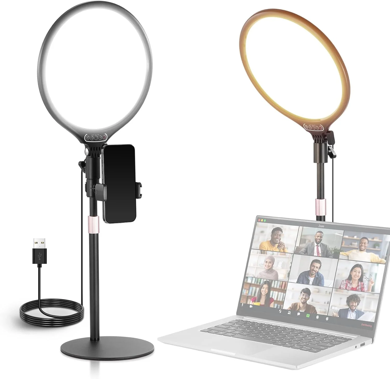 نور حلقه ای رومیزی 10.5 اینچی NEEWER BASICS با پایه/نگهدارنده تلفن/تایمر، نورپردازی LED سلفی تمام صفحه 15 واتی 3000-6500K برای ضبط آیفون، استریمینگ، آرایش، لپ تاپ، وب کم، کنفرانس ویدیویی زوم، R10