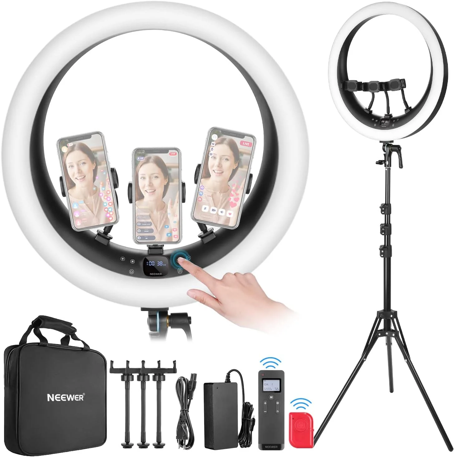رینگ لایت NEEWER مدل RP19H 19 اینچ + پایه و 3 هولدر موبایل، کنترل لمسی و 2.4G، دیمر روان 1%، 42 وات CRI97+ 2540lux، نورپردازی حرفه ای برای استریمینگ و تماس های زوم در خانه و محل کار