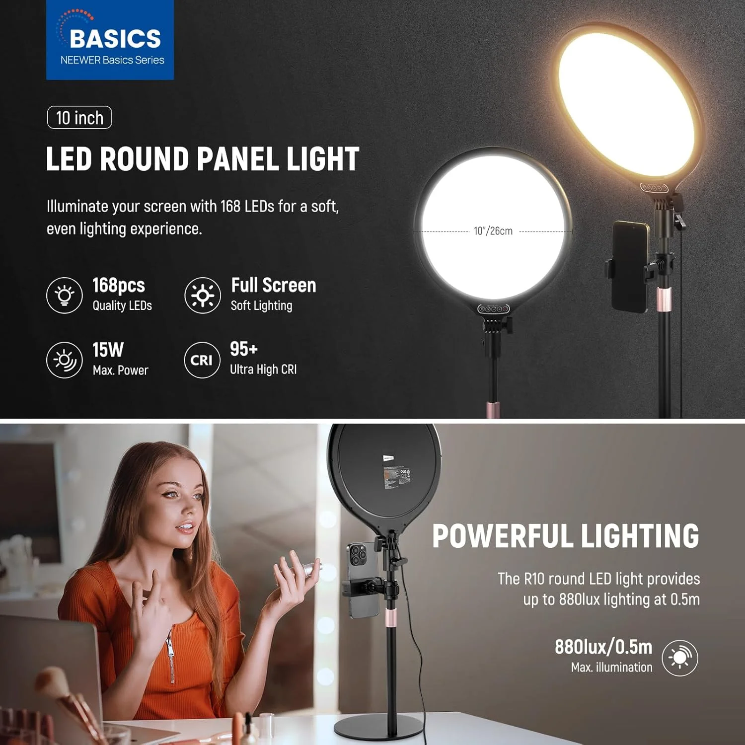نور حلقه ای رومیزی 10.5 اینچی NEEWER BASICS با پایه/نگهدارنده تلفن/تایمر، نورپردازی LED سلفی تمام صفحه 15 واتی 3000-6500K برای ضبط آیفون، استریمینگ، آرایش، لپ تاپ، وب کم، کنفرانس ویدیویی زوم، R10 نور حلقه ای رومیزی 10.5 اینچی NEEWER BASICS با پایه/نگهدارنده تلفن/تایمر، نورپردازی LED سلفی تمام صفحه 15 واتی 3000-6500K برای ضبط آیفون، استریمینگ، آرایش، لپ تاپ، وب کم، کنفرانس ویدیویی زوم، R10