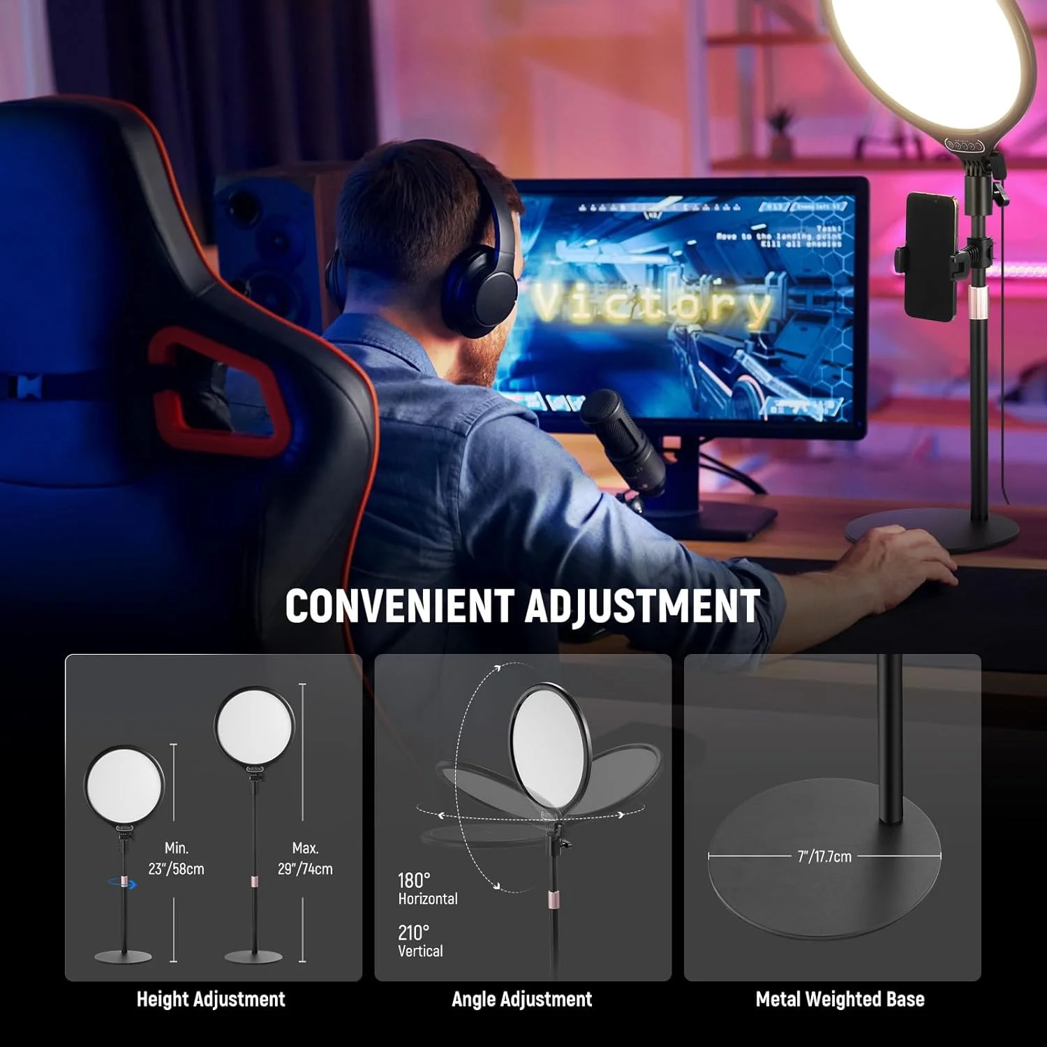 نور حلقه ای رومیزی 10.5 اینچی NEEWER BASICS با پایه/نگهدارنده تلفن/تایمر، نورپردازی LED سلفی تمام صفحه 15 واتی 3000-6500K برای ضبط آیفون، استریمینگ، آرایش، لپ تاپ، وب کم، کنفرانس ویدیویی زوم، R10 نور حلقه ای رومیزی 10.5 اینچی NEEWER BASICS با پایه/نگهدارنده تلفن/تایمر، نورپردازی LED سلفی تمام صفحه 15 واتی 3000-6500K برای ضبط آیفون، استریمینگ، آرایش، لپ تاپ، وب کم، کنفرانس ویدیویی زوم، R10