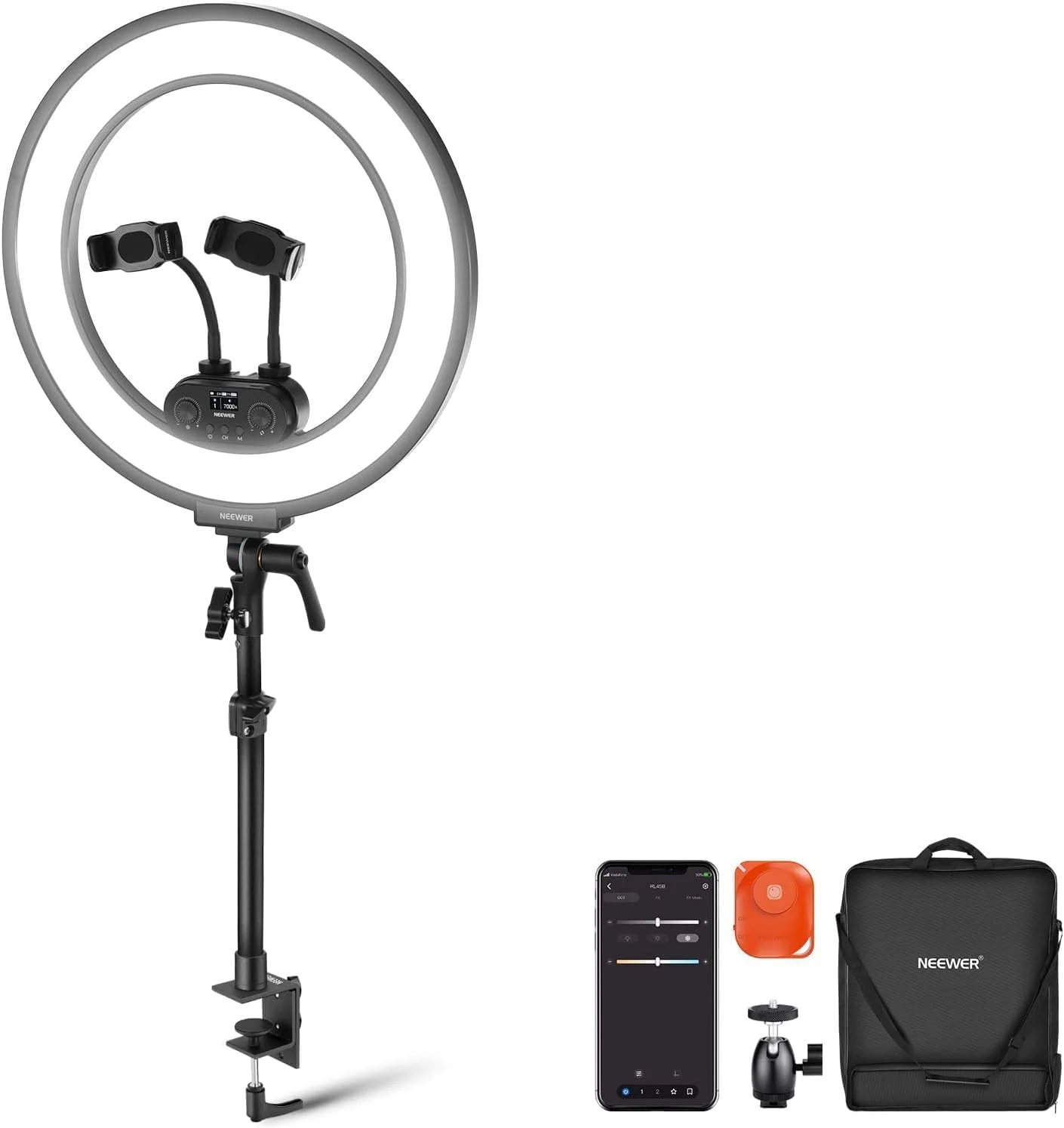 نور حلقه ای رومیزی لبه روشن 18 اینچی NEEWER RL45B برای دوربین گوشی، لپ تاپ، کیت نورپردازی LED، هولدر گوشی، پایه رومیزی، مانت سر توپی، کنفرانس ویدیویی، ضبط وب کم، تماس زوم، استریمینگ، آرایش، سلفی
