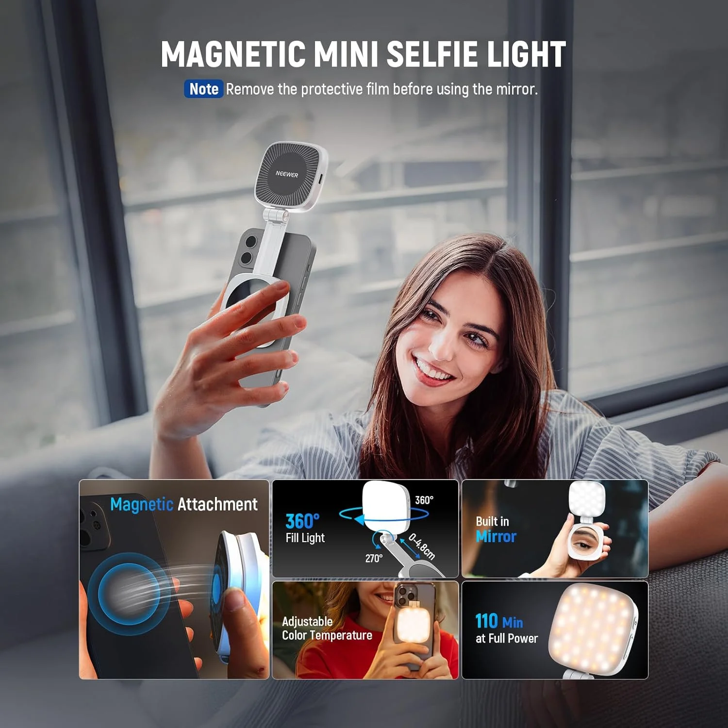 نور سلفی مغناطیسی NEEWER BASICS سازگار با MagSafe iPhone، نور حلقه ای CRI95 700lx/0.3 m LED تاشو تلفن با پایه/آینه برای بزرگنمایی آرایش عکسبرداری کنفرانس ویدیویی، سفید NL48B نور سلفی مغناطیسی NEEWER BASICS سازگار با MagSafe iPhone، نور حلقه ای CRI95 700lx/0.3 m LED تاشو تلفن با پایه/آینه برای بزرگنمایی آرایش عکسبرداری کنفرانس ویدیویی، سفید NL48B
