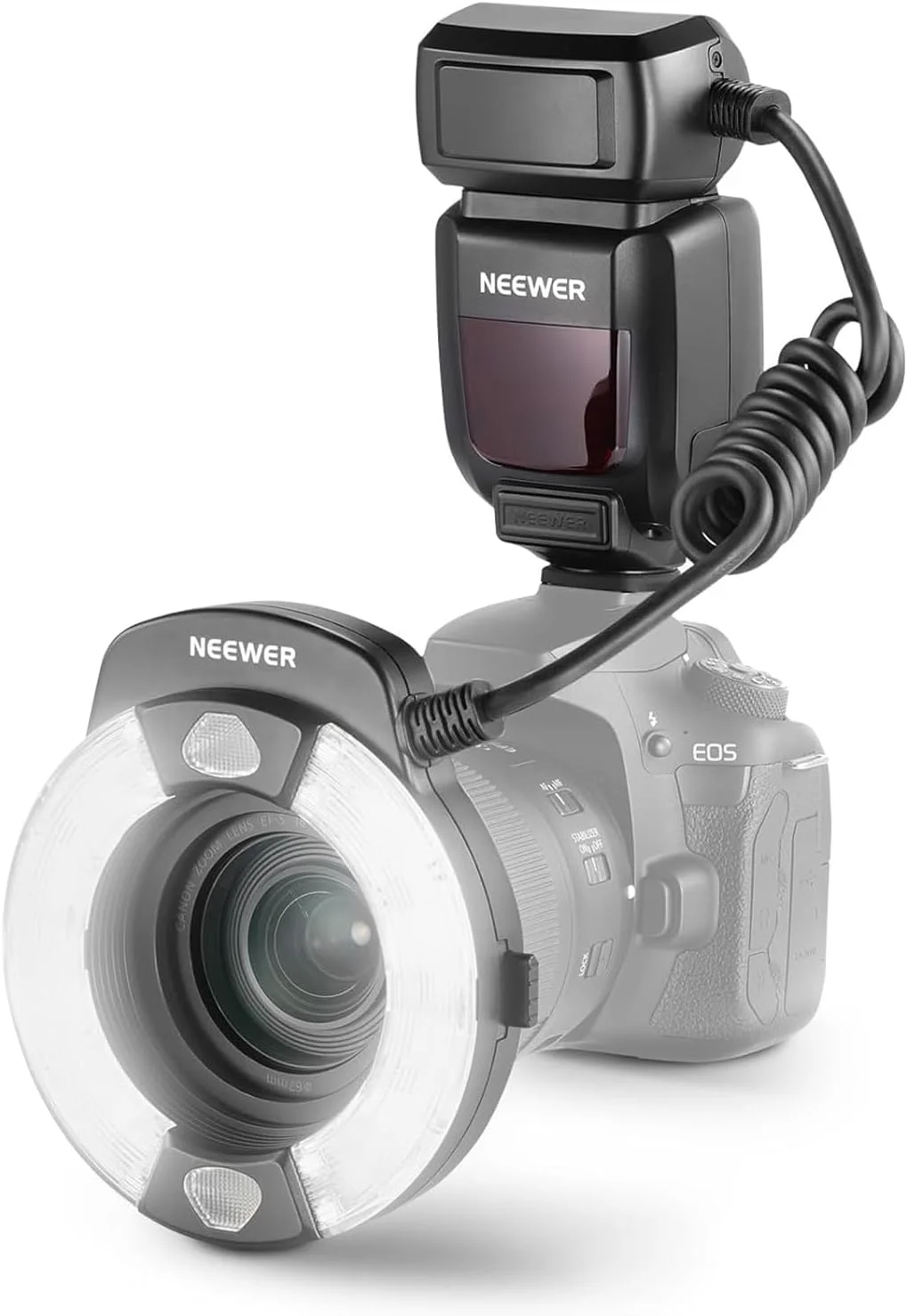 فلاش حلقوی ماکرو NEEWER RF1-C سازگار با Canon، 76Ws GN15 5600K E-TTL، نورپردازی فلاش حلقوی، خروجی 1-1/128، همگام‌سازی پرده جلو/عقب، ژل‌های رنگی، حلقه‌های آداپتور لنز برای عکاسی ماکرو