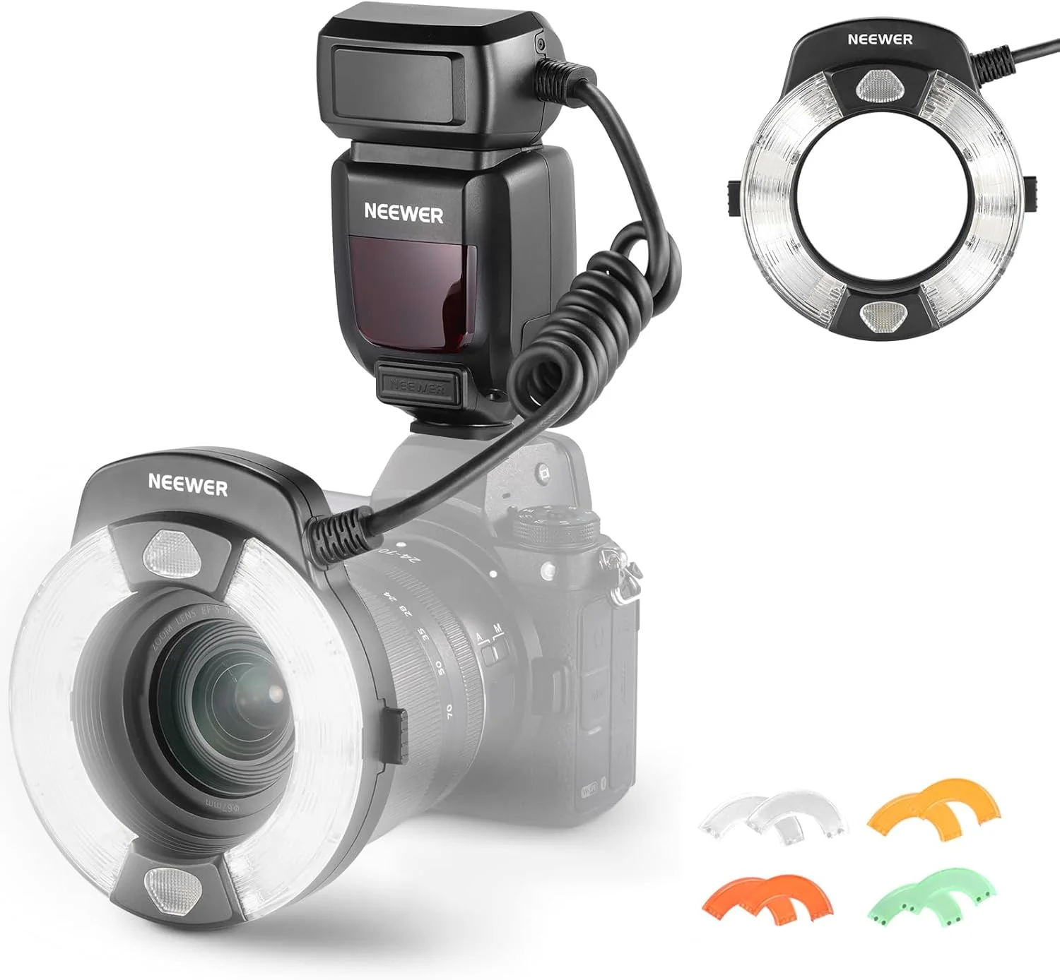 فلاش حلقه ای ماکرو Neewer RF1-N سازگار با دوربین نیکون، 76Ws GN15 5600K TTL Lighting 1-1/128 Output Front/Rear Curtain Sync Color Gels، حلقه های آداپتور لنز برای عکاسی ماکرو استودیویی