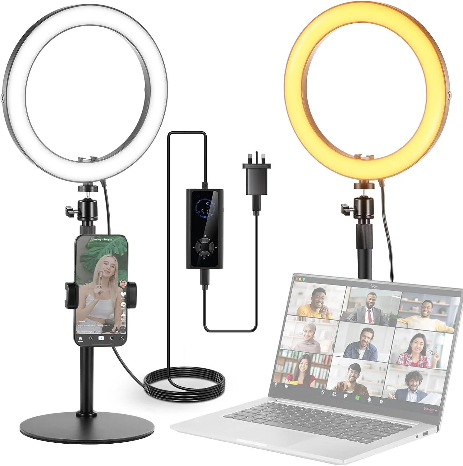 نور حلقه ای LED نیور 10 اینچی 20 واتی با پایه رومیزی و نگهدارنده گوشی برای آیفون و لپ تاپ، دو رنگ 2900K-7000K، ورودی USB C PD، CRI97+ 1660LX/0.5m، نور سلفی، آرایش، ضبط تیک تاک، کنفرانس ویدیویی، RH10B