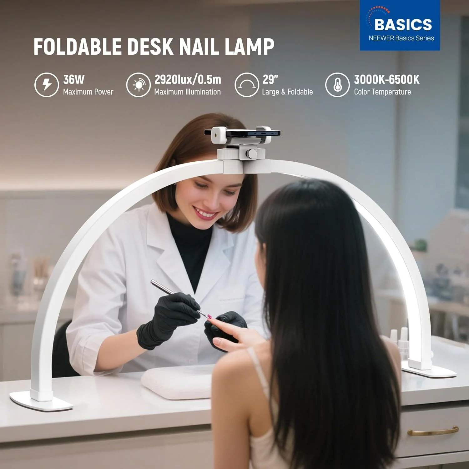 چراغ نیمه ماه ناخن NEEWER BASICS 29 اینچی برای میز، لامپ کمانی تاشو 36 واتی برای میز ناخن، چراغ LED نیم حلقه مانیکور با نگهدارنده تلفن برای آرایش، تاتو، ضبط ویدیویی بالای سر، HM02-D چراغ نیمه ماه ناخن NEEWER BASICS 29 اینچی برای میز، لامپ کمانی تاشو 36 واتی برای میز ناخن، چراغ LED نیم حلقه مانیکور با نگهدارنده تلفن برای آرایش، تاتو، ضبط ویدیویی بالای سر، HM02-D