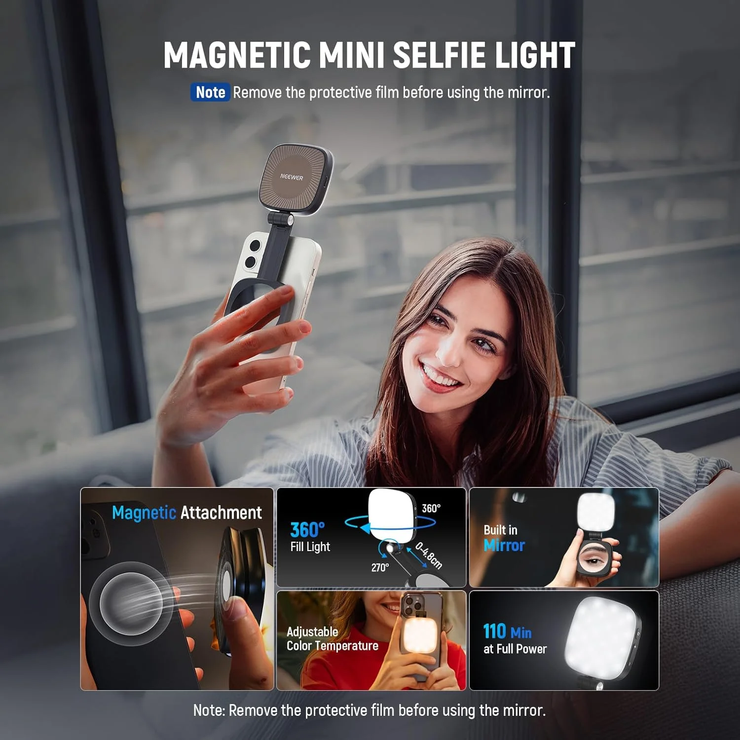 نور سلفی مغناطیسی NEEWER سازگار با MagSafe iPhone، CRI95 700lx/0.3m نور حلقه ای LED تاشو برای پر کردن نور گوشی با پایه/آینه برای بزرگنمایی، آرایش، عکاسی، ضبط، کنفرانس ویدیویی، مشکی NL48B نور سلفی مغناطیسی NEEWER سازگار با MagSafe iPhone، CRI95 700lx/0.3m نور حلقه ای LED تاشو برای پر کردن نور گوشی با پایه/آینه برای بزرگنمایی، آرایش، عکاسی، ضبط، کنفرانس ویدیویی، مشکی NL48B