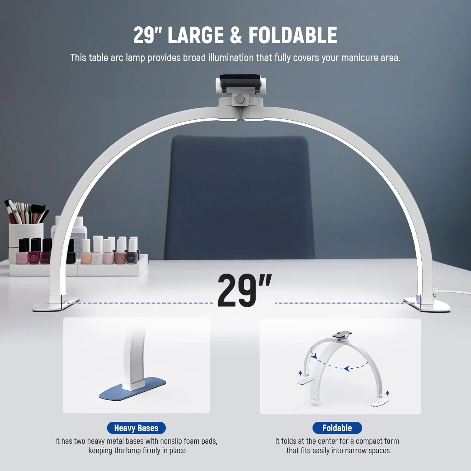 چراغ نیمه ماه ناخن NEEWER BASICS 29 اینچی برای میز، لامپ کمانی تاشو 36 واتی برای میز ناخن، چراغ LED نیم حلقه مانیکور با نگهدارنده تلفن برای آرایش، تاتو، ضبط ویدیویی بالای سر، HM02-D چراغ نیمه ماه ناخن NEEWER BASICS 29 اینچی برای میز، لامپ کمانی تاشو 36 واتی برای میز ناخن، چراغ LED نیم حلقه مانیکور با نگهدارنده تلفن برای آرایش، تاتو، ضبط ویدیویی بالای سر، HM02-D