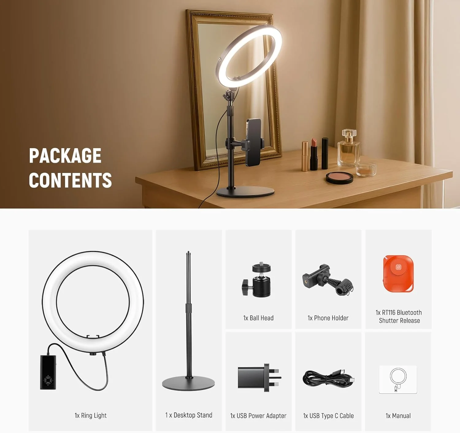 نور حلقه ای LED نیور 10 اینچی 20 واتی با پایه رومیزی و نگهدارنده گوشی برای آیفون و لپ تاپ، دو رنگ 2900K-7000K، ورودی USB C PD، CRI97+ 1660LX/0.5m، نور سلفی، آرایش، ضبط تیک تاک، کنفرانس ویدیویی، RH10B نور حلقه ای LED نیور 10 اینچی 20 واتی با پایه رومیزی و نگهدارنده گوشی برای آیفون و لپ تاپ، دو رنگ 2900K-7000K، ورودی USB C PD، CRI97+ 1660LX/0.5m، نور سلفی، آرایش، ضبط تیک تاک، کنفرانس ویدیویی، RH10B