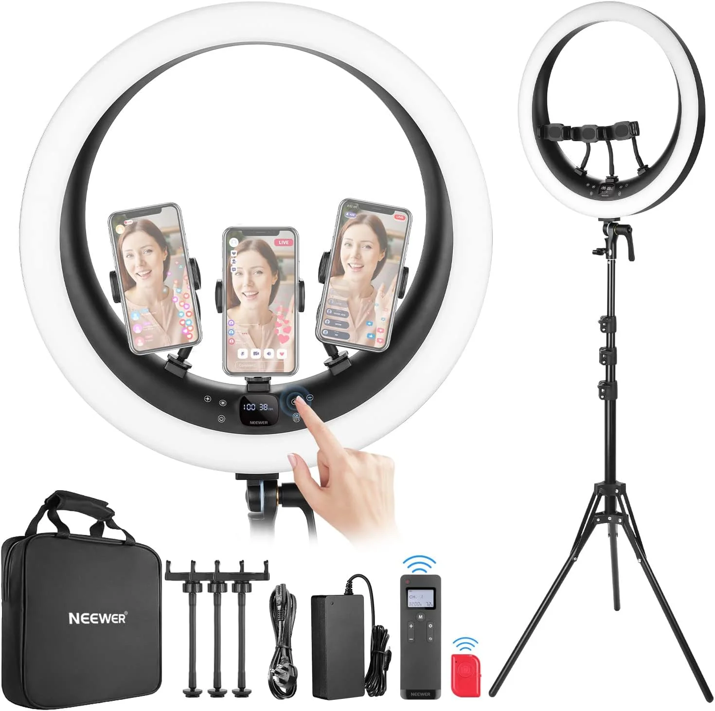 رینگ لایت 19 اینچی NEEWER مدل RP19H به همراه پایه و 3 نگهدارنده تلفن، کنترل 2.4G ارتقا یافته با دیمینگ نرم در 1٪، LCD و کنترل لمسی، 42 وات CRI 97+ 2540lux، برای نورپردازی تماس های استریمینگ، دفتر کار خانگی و زوم