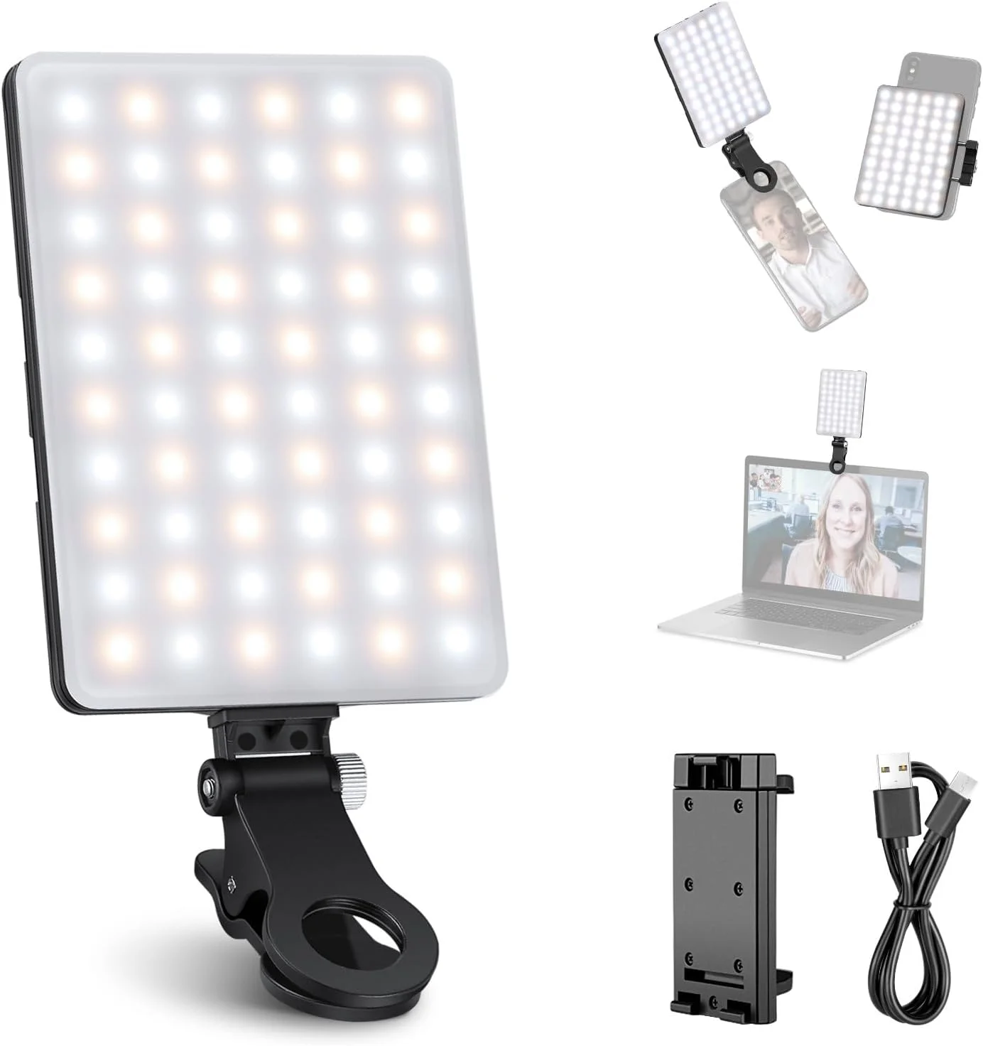 نور سلفی پایه NEEWER با گیره تلفن جلو و عقب، 60 LED 2000mAh قابل شارژ CRI 95+، 3 حالت نور، گیره قابل حمل برای تلفن/تبلت/لپ تاپ، نور پرکننده ویدیو تماس زوم TikTok - NL-60AI