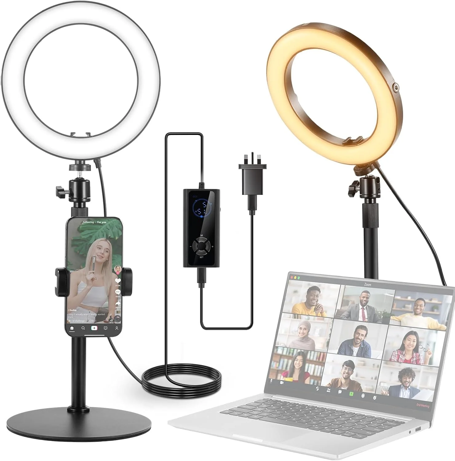 نور حلقه ای رومیزی 8 اینچی 18 واتی پرقدرت NEEWER با پایه و نگهدارنده تلفن، نور حلقه ای سلفی دایره ای برای استریمینگ، ولاگینگ، ضبط آیفون، کیت نورپردازی کنفرانس ویدیویی برای تماس زوم لپ تاپ، RH8B