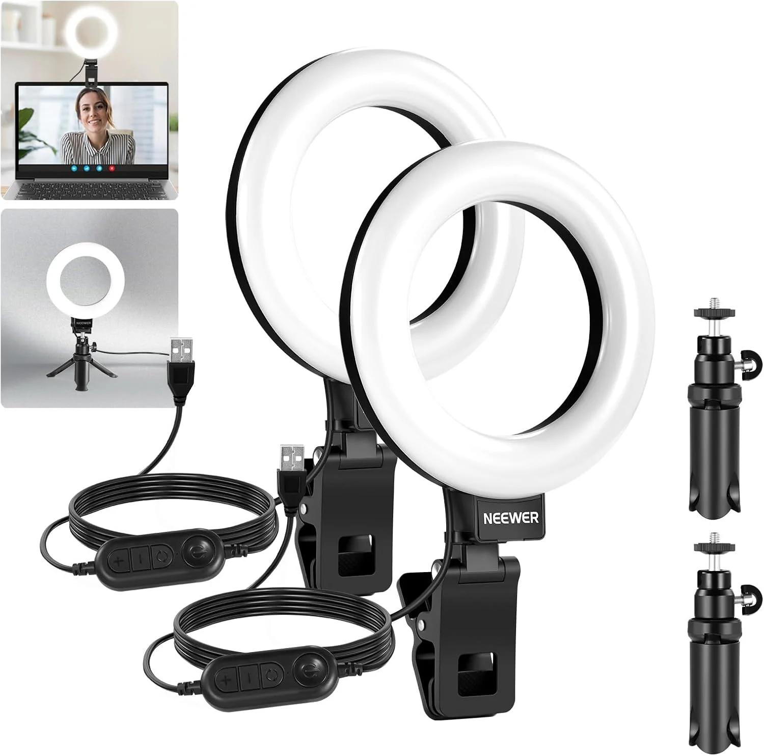 نور حلقه ای 5 اینچی NEEWER Basics BR60 برای نورپردازی کنفرانس ویدیویی، بسته 2 عددی چراغ پین با سه پایه رومیزی برای مانیتور، لپ تاپ، کامپیوتر، زوم، پخش زنده، دفتر کار خانگی، آموزش و ضبط ویدیو