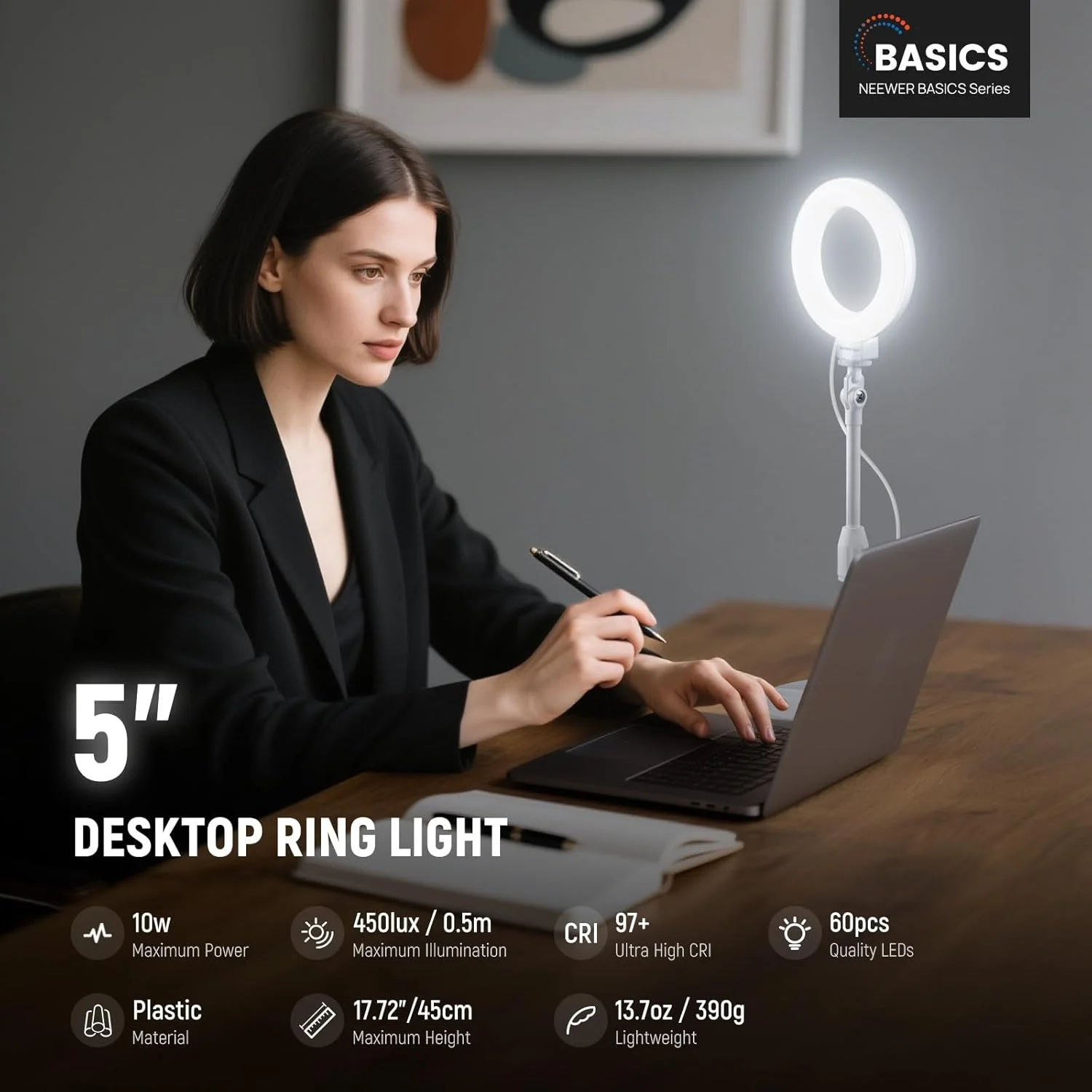 نور حلقه ای رومیزی NEEWER Basics BR60 با پایه، چراغ LED 10 واتی تلفن، سازگار با آیفون، ضبط ویدیو، رایانه شخصی، وب کم، زوم، کنفرانس ویدیویی، آرایش، سفید نور حلقه ای رومیزی NEEWER Basics BR60 با پایه، چراغ LED 10 واتی تلفن، سازگار با آیفون، ضبط ویدیو، رایانه شخصی، وب کم، زوم، کنفرانس ویدیویی، آرایش، سفید