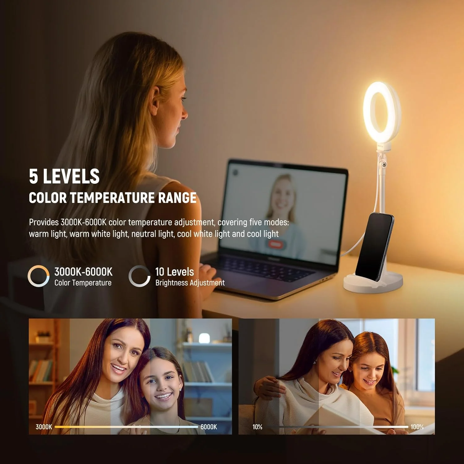 نور حلقه ای رومیزی NEEWER Basics BR60 با پایه، چراغ LED 10 واتی تلفن، سازگار با آیفون، ضبط ویدیو، رایانه شخصی، وب کم، زوم، کنفرانس ویدیویی، آرایش، سفید نور حلقه ای رومیزی NEEWER Basics BR60 با پایه، چراغ LED 10 واتی تلفن، سازگار با آیفون، ضبط ویدیو، رایانه شخصی، وب کم، زوم، کنفرانس ویدیویی، آرایش، سفید