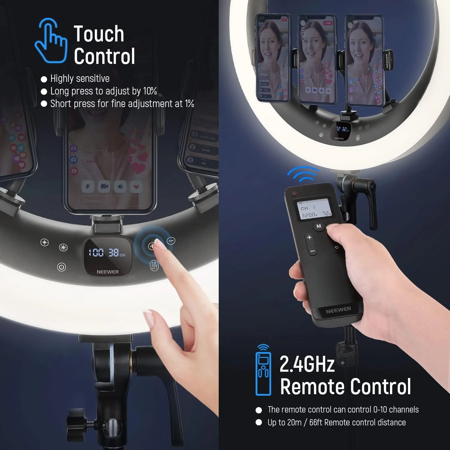 رینگ لایت 19 اینچی NEEWER مدل RP19H به همراه پایه و 3 نگهدارنده تلفن، کنترل 2.4G ارتقا یافته با دیمینگ نرم در 1٪، LCD و کنترل لمسی، 42 وات CRI 97+ 2540lux، برای نورپردازی تماس های استریمینگ، دفتر کار خانگی و زوم رینگ لایت 19 اینچی NEEWER مدل RP19H به همراه پایه و 3 نگهدارنده تلفن، کنترل 2.4G ارتقا یافته با دیمینگ نرم در 1٪، LCD و کنترل لمسی، 42 وات CRI 97+ 2540lux، برای نورپردازی تماس های استریمینگ، دفتر کار خانگی و زوم