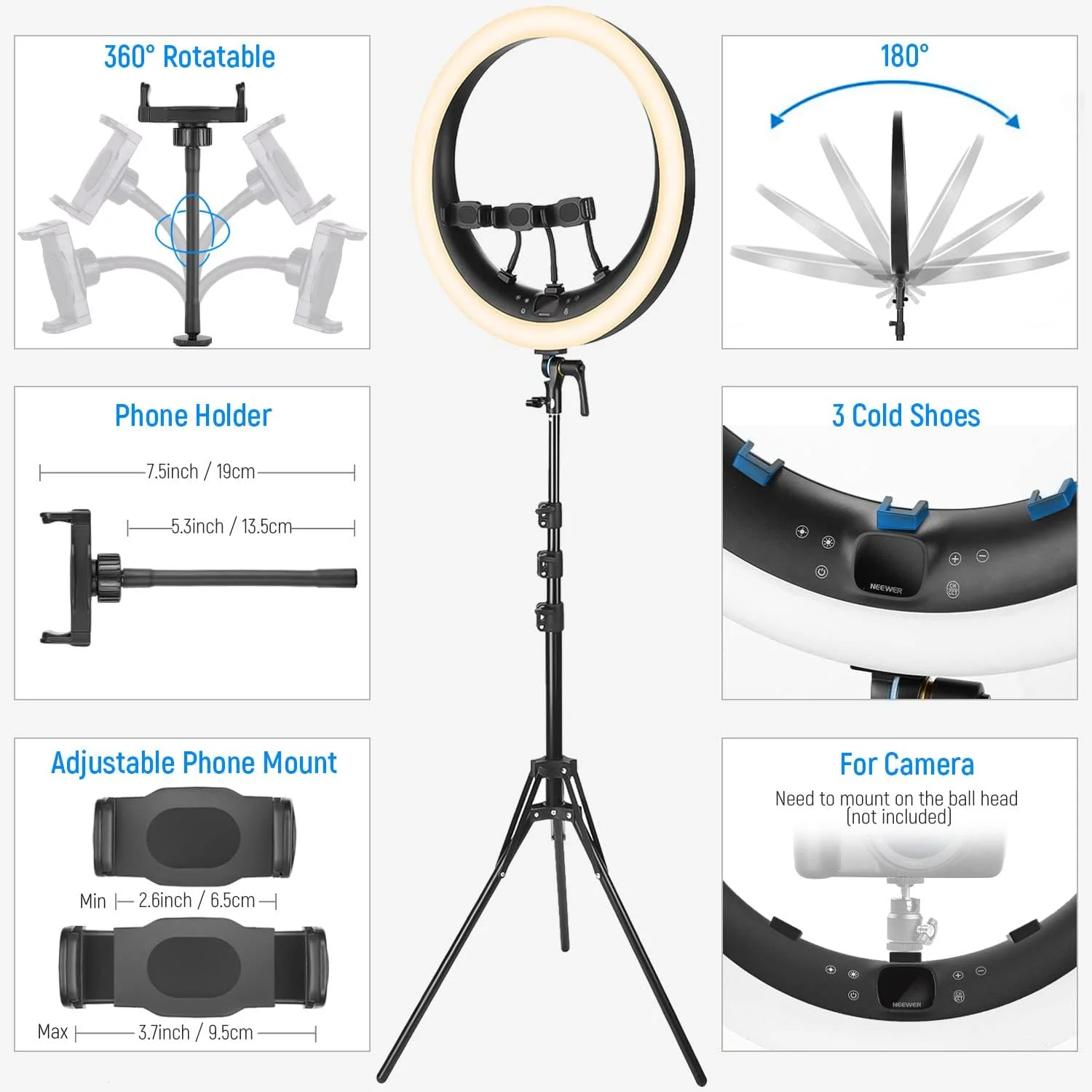 رینگ لایت 19 اینچی NEEWER مدل RP19H به همراه پایه و 3 نگهدارنده تلفن، کنترل 2.4G ارتقا یافته با دیمینگ نرم در 1٪، LCD و کنترل لمسی، 42 وات CRI 97+ 2540lux، برای نورپردازی تماس های استریمینگ، دفتر کار خانگی و زوم رینگ لایت 19 اینچی NEEWER مدل RP19H به همراه پایه و 3 نگهدارنده تلفن، کنترل 2.4G ارتقا یافته با دیمینگ نرم در 1٪، LCD و کنترل لمسی، 42 وات CRI 97+ 2540lux، برای نورپردازی تماس های استریمینگ، دفتر کار خانگی و زوم
