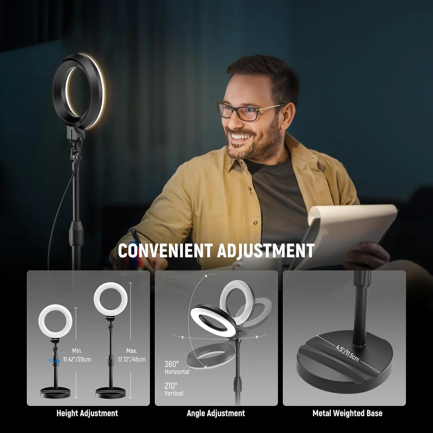 نور حلقه ای رومیزی 5 اینچی/13 سانتی متری NEEWER BASICS با پایه، نگهدارنده گوشی، نور سلفی LED 10 واتی سازگار با آیفون برای ضبط ویدیو، وب کم لپ تاپ، نورپردازی کنفرانس ویدیویی زوم، آرایش، مشکی BR60 نور حلقه ای رومیزی 5 اینچی/13 سانتی متری NEEWER BASICS با پایه، نگهدارنده گوشی، نور سلفی LED 10 واتی سازگار با آیفون برای ضبط ویدیو، وب کم لپ تاپ، نورپردازی کنفرانس ویدیویی زوم، آرایش، مشکی BR60