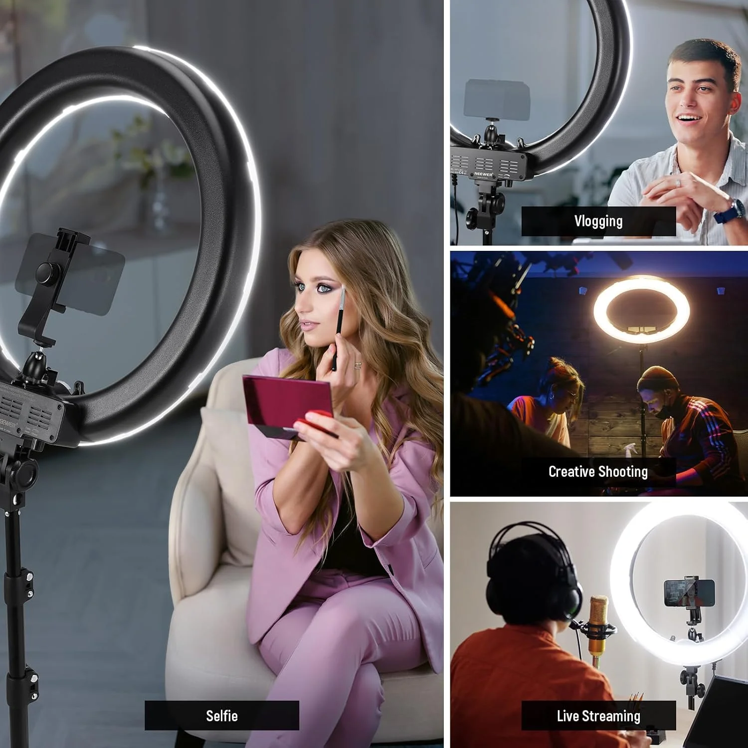 کیت نور حلقه ای Neewer با پایه: نور حلقه ای LED دیمرشدنی 18 اینچی 52 وات 5500K با فیلتر، نگهدارنده تلفن، ریموت بلوتوث برای TikTok YouTube Video، نور سلفی، آرایش و غیره (بدون کیف حمل) کیت نور حلقه ای Neewer با پایه: نور حلقه ای LED دیمرشدنی 18 اینچی 52 وات 5500K با فیلتر، نگهدارنده تلفن، ریموت بلوتوث برای TikTok YouTube Video، نور سلفی، آرایش و غیره (بدون کیف حمل)