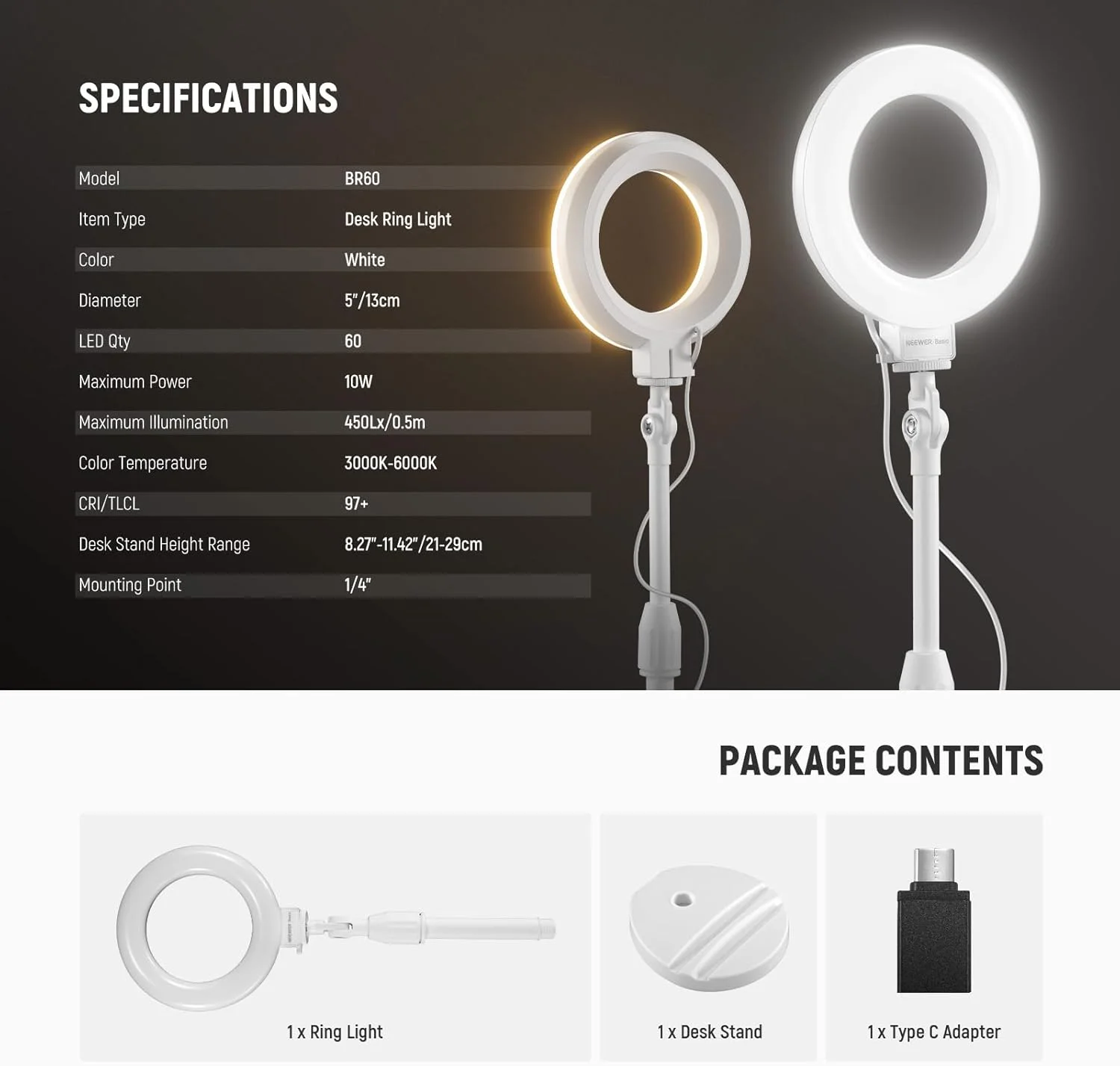 نور حلقه ای رومیزی NEEWER Basics BR60 با پایه، چراغ LED 10 واتی تلفن، سازگار با آیفون، ضبط ویدیو، رایانه شخصی، وب کم، زوم، کنفرانس ویدیویی، آرایش، سفید نور حلقه ای رومیزی NEEWER Basics BR60 با پایه، چراغ LED 10 واتی تلفن، سازگار با آیفون، ضبط ویدیو، رایانه شخصی، وب کم، زوم، کنفرانس ویدیویی، آرایش، سفید