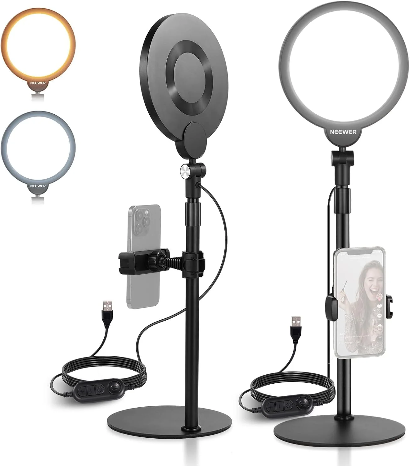 نور حلقه ای رومیزی NEEWER BASICS مدل R06، بسته 2 عددی، 7 اینچی، برای ضبط ویدیو، نورپردازی 10 واتی قابل تنظیم با پایه و نگهدارنده گوشی برای آیفون، کامپیوتر، لپ تاپ، وبلاگ، پخش زنده و کنفرانس ویدیویی