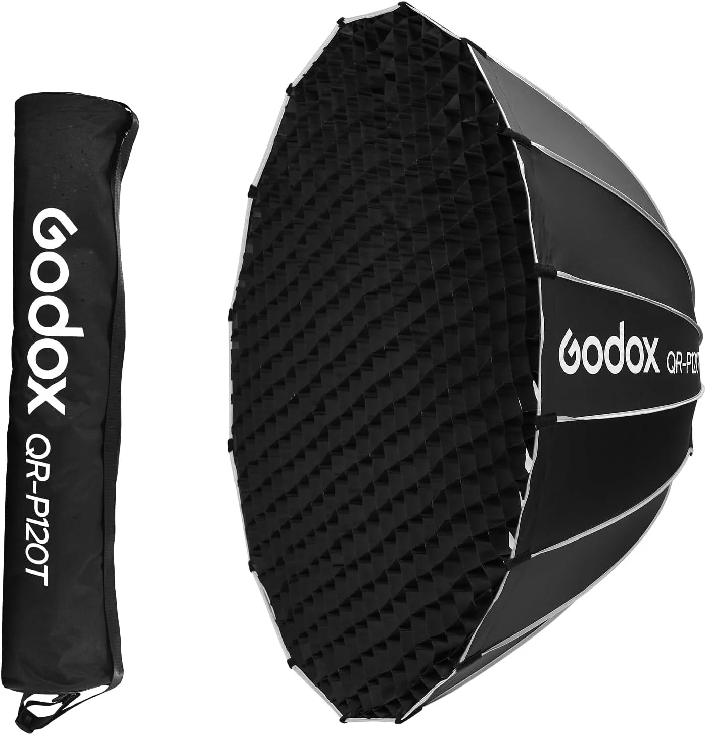 سافت باکس پارابولیک 120 سانتی متری Godox QR-P120T با قابلیت رهاسازی سریع به همراه گرید لانه زنبوری، مانت بوئن به همراه دیفیوزر داخلی و خارجی مناسب برای Godox MS300 MS300-V SK300II SK400II SL60W SL60II SL100D SL100BI LA150D