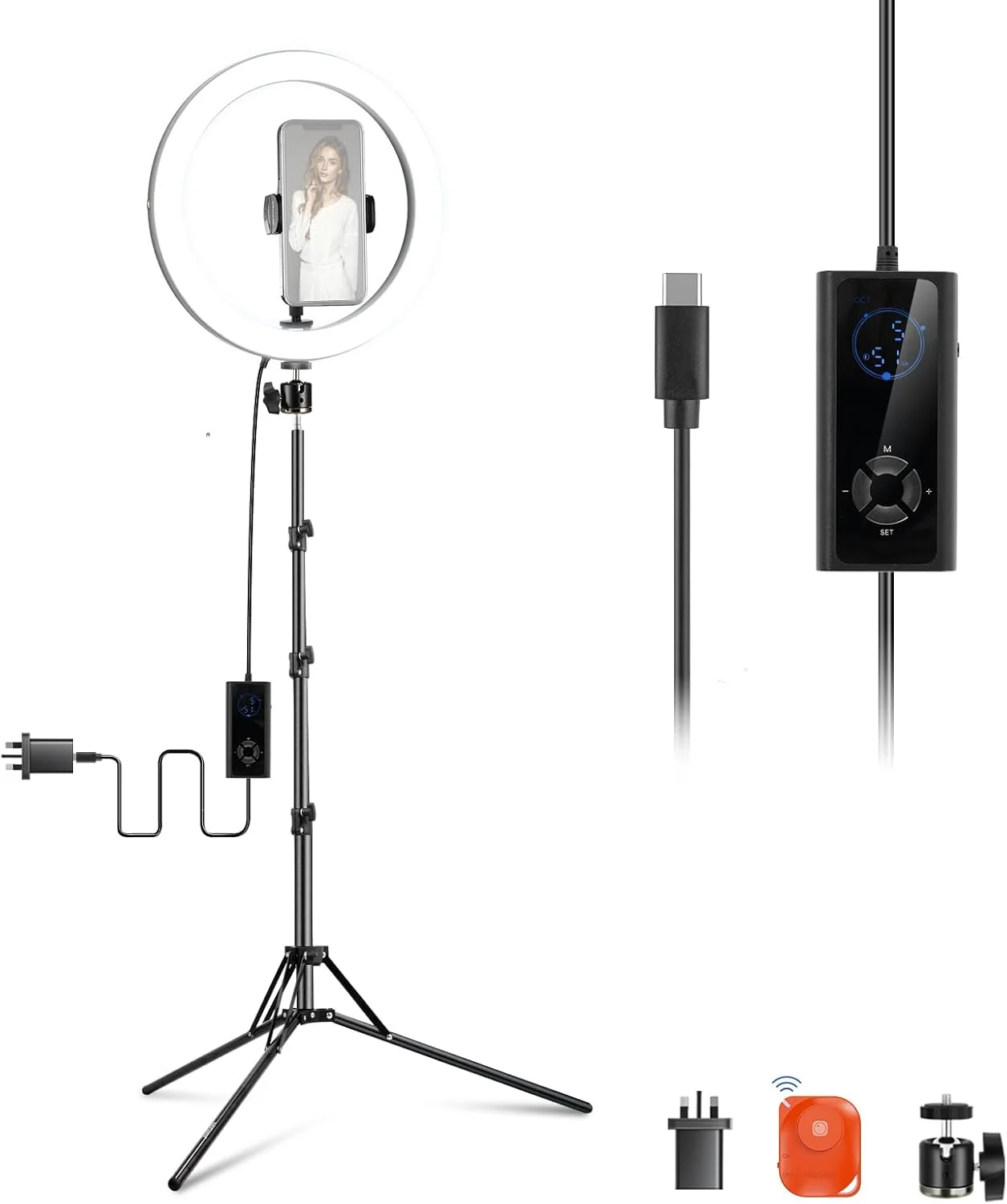 نور حلقه ای LED نیور 12 اینچی 24 واتی با پایه سه پایه، دو رنگ 2900-7000K، ورودی USB C PD، CRI97+ 1810lux/0.5m سازگار با آیفون، استودیو آرایش، استریمینگ، ضبط ویدیو سلفی، RH12B K2