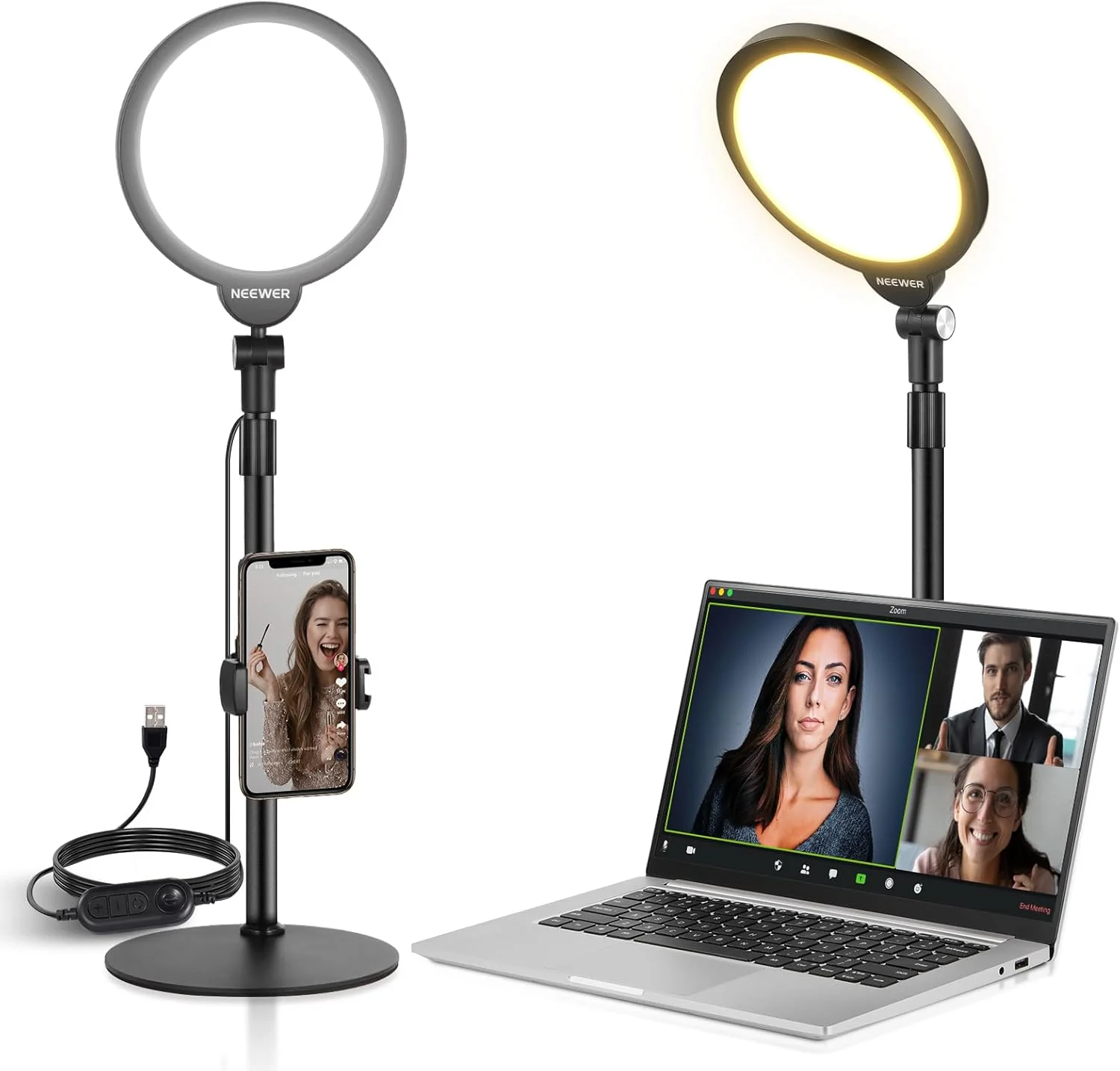 نور سلفی پایه 7 اینچی NEEWER برای تلفن رومیزی، نور حلقه ای 10 واتی با قابلیت تنظیم نور 3000k-6500K تمام صفحه، با پایه و نگهدارنده تلفن برای کنفرانس ویدیویی، سلفی، ولاگ، آرایش، پخش زنده ویدیو، R06