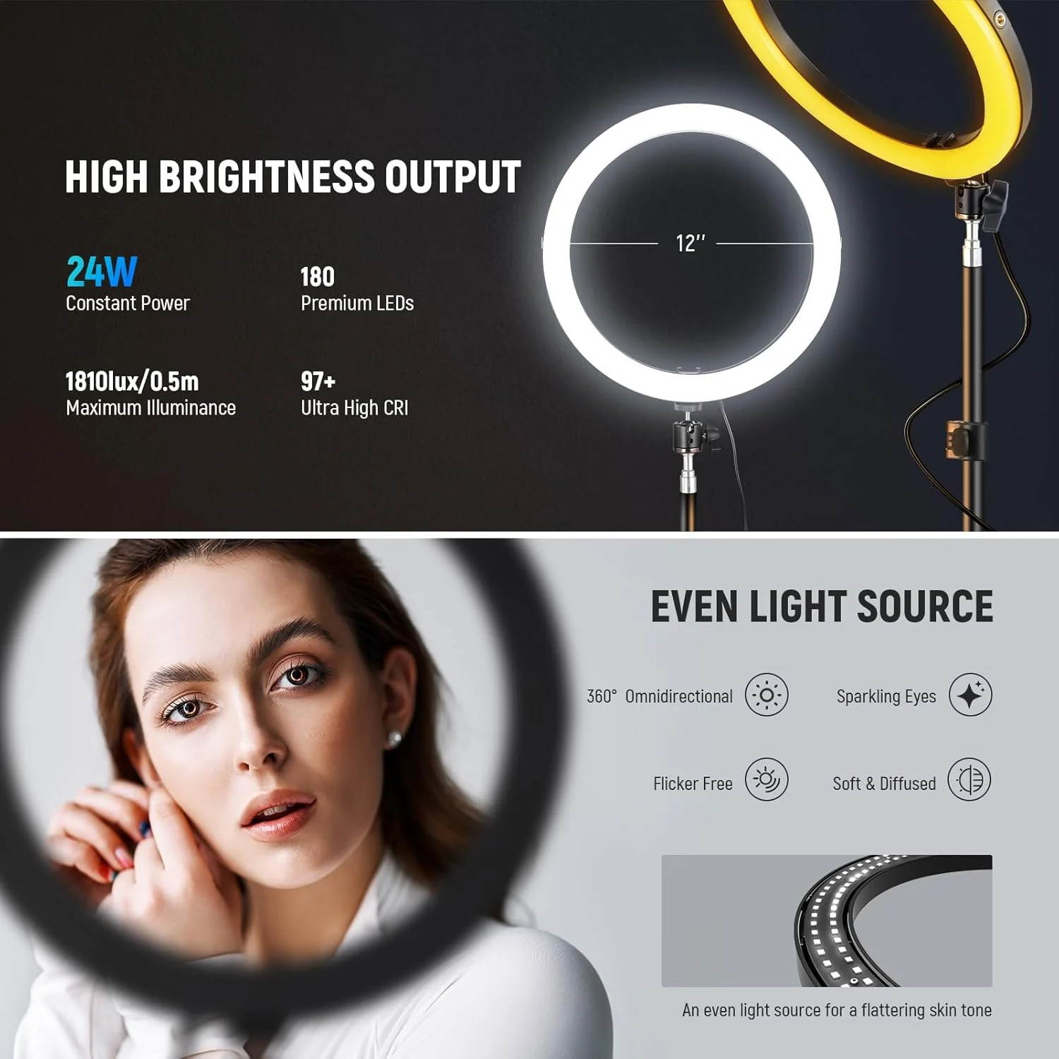 حلقه نور LED پرقدرت 12 اینچی 24 واتی NEEWER برای گوشی با پایه 71 اینچی، دو رنگ 2900K-7000K، ورودی USB Type C PD، CRI97+ 1810lux/0.5m، 12 صحنه برای آرایش، پخش زنده، تماس های زوم، TikTok، مدل RH12B حلقه نور LED پرقدرت 12 اینچی 24 واتی NEEWER برای گوشی با پایه 71 اینچی، دو رنگ 2900K-7000K، ورودی USB Type C PD، CRI97+ 1810lux/0.5m، 12 صحنه برای آرایش، پخش زنده، تماس های زوم، TikTok، مدل RH12B